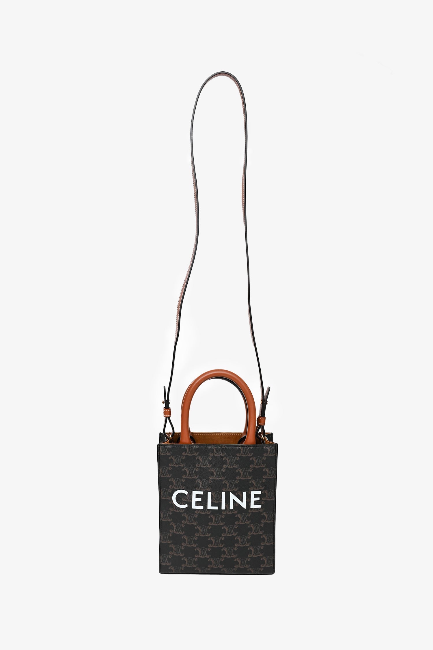 Celine 2021 Brown Canvas/Leather Mini Triomphe Vertical Cabas Tote with Strap