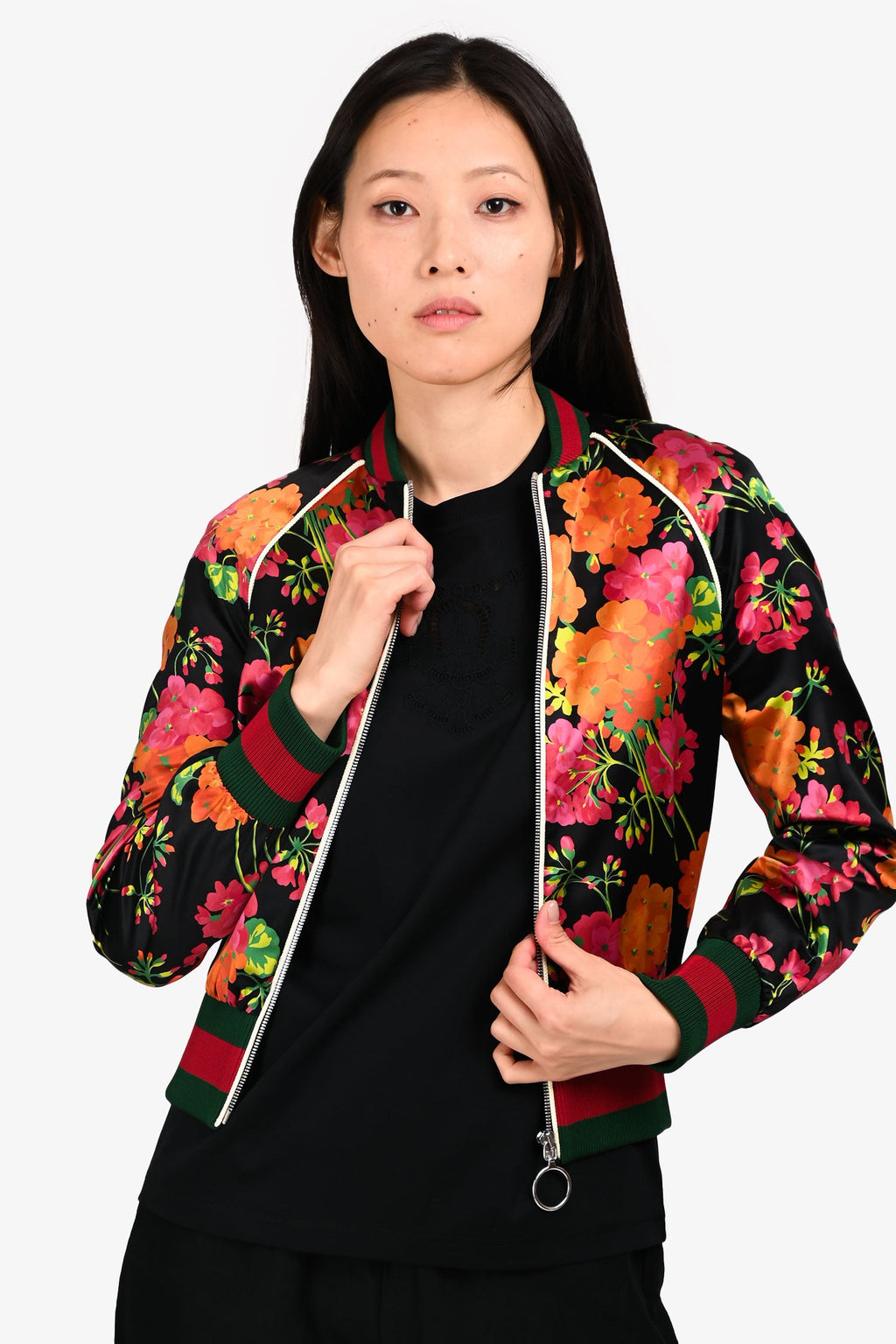 Gucci Black/Multi Floral Silk Zip-Up Bomber Jacket Size 38