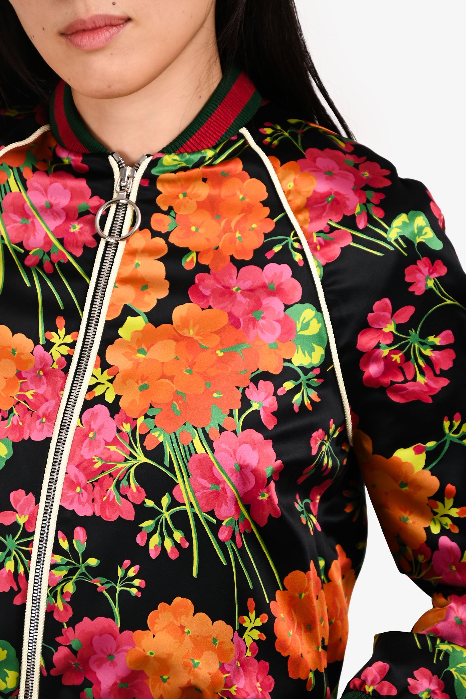 Gucci Black/Multi Floral Silk Zip-Up Bomber Jacket Size 38