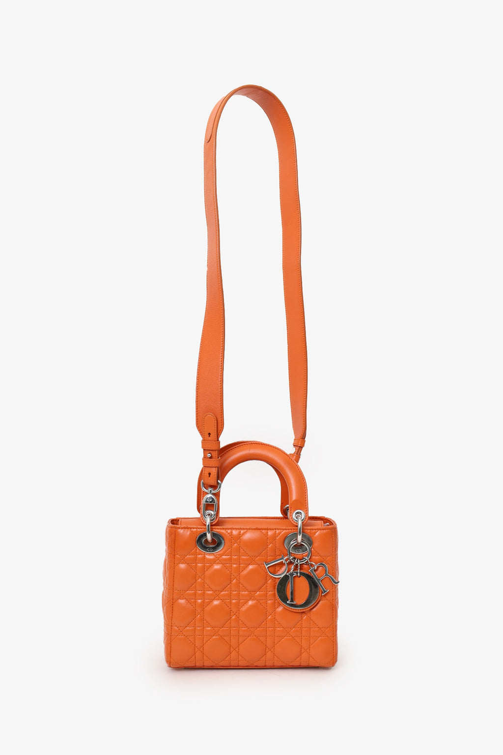 Christian Dior 2016 Orange Leather Cannage Small Lady Dior With Strap