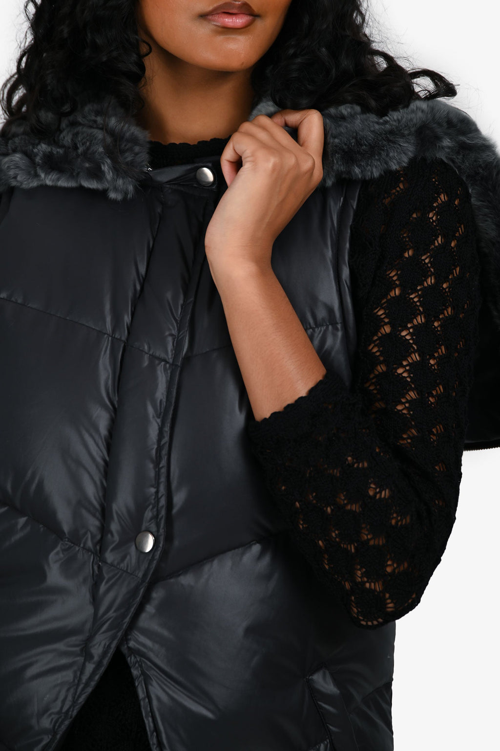 Elizabeth & James Dark Grey Rabbit Fur Lined Puffer Vest Size L