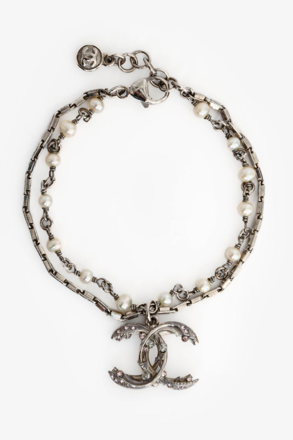 Pre-Loved Chanel™ 2013 Silver Toned Faux Pearl Stationed CC Bracelet