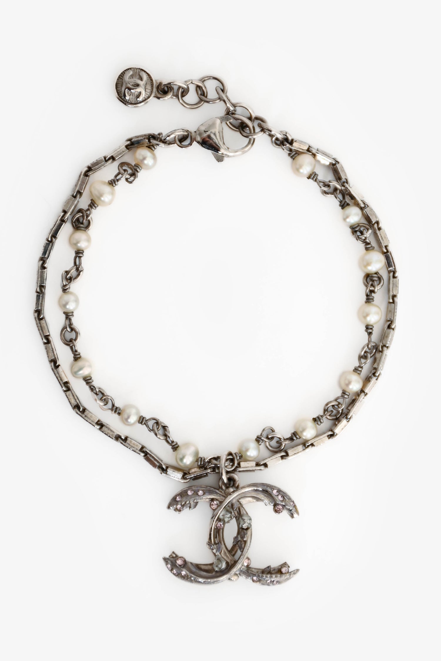 Pre-Loved Chanel™ 2013 Silver Toned Faux Pearl Stationed CC Bracelet