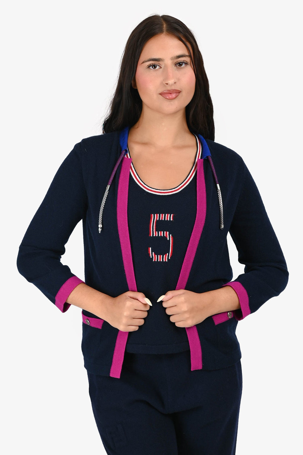 Pre-Loved Chanel™ 2012 Navy/Fuchsia Trimmed Cashmere igan Size 36