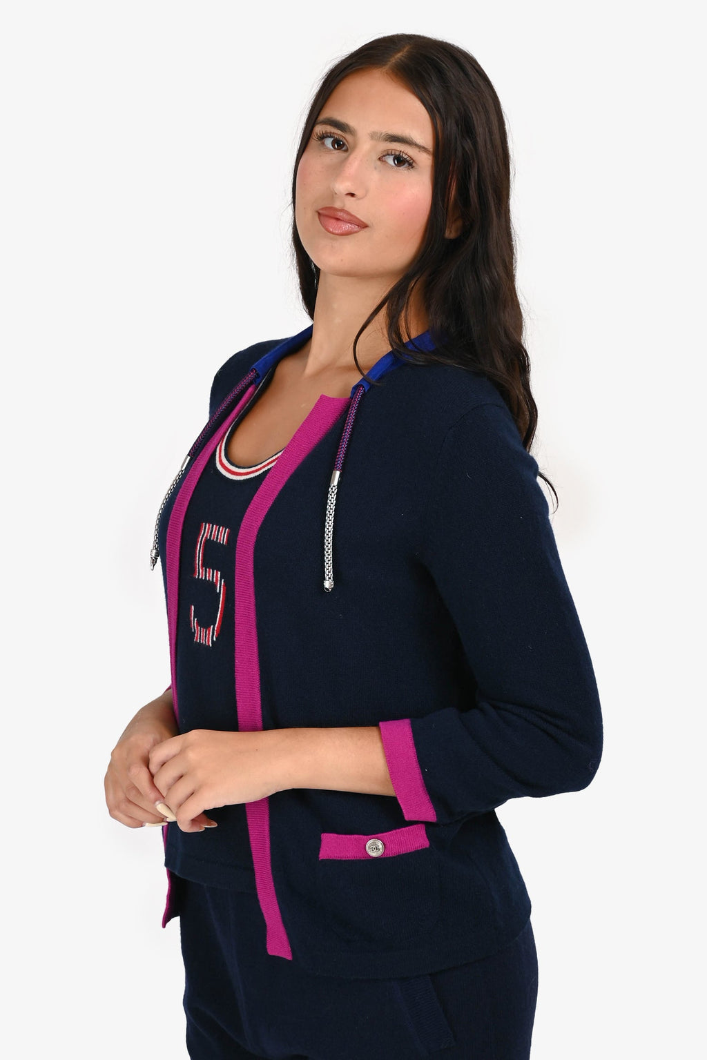 Pre-Loved Chanel™ 2012 Navy/Fuchsia Trimmed Cashmere igan Size 36