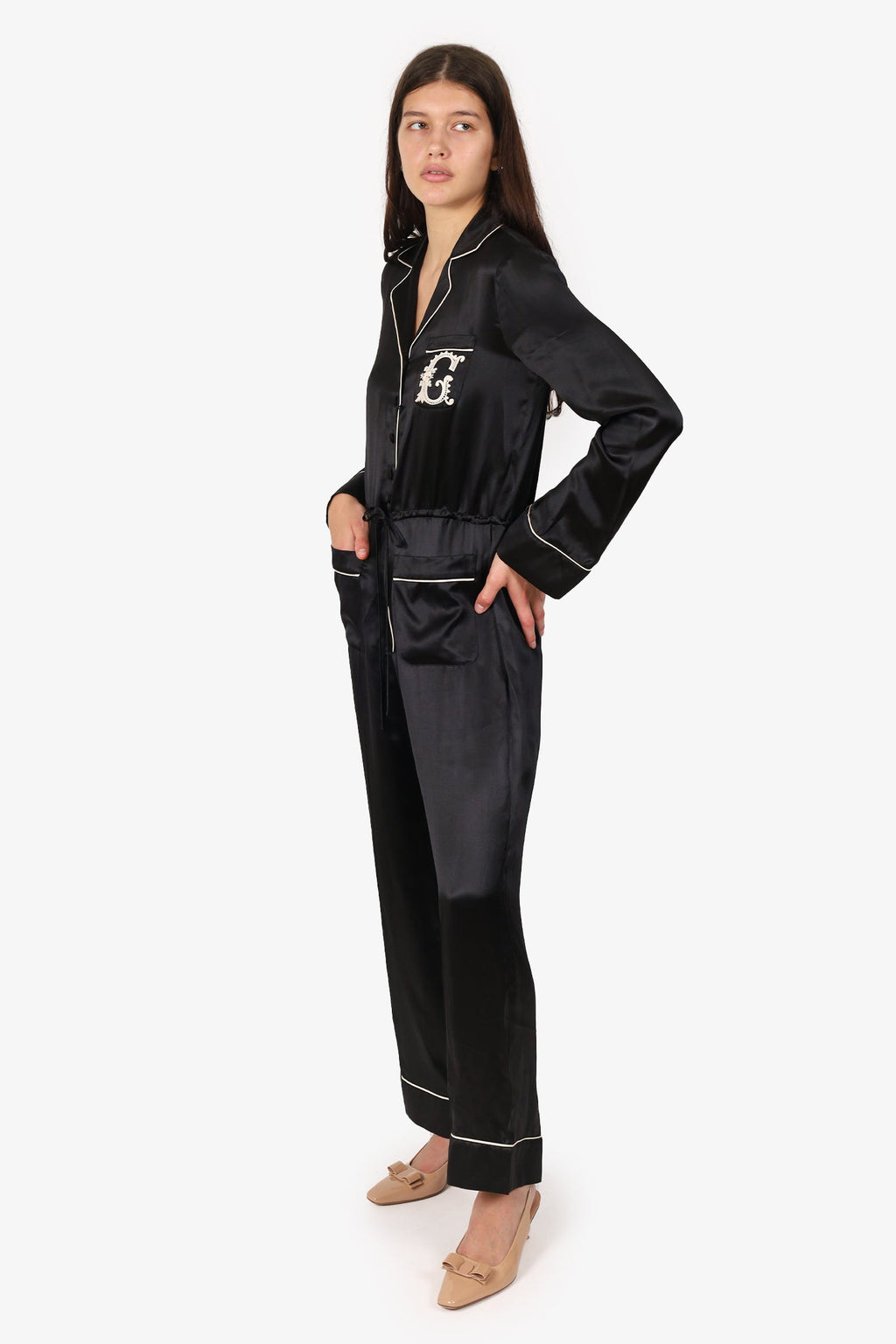 Gucci Black/White Silk 'G' Monogrammed Jumpsuit Size 42