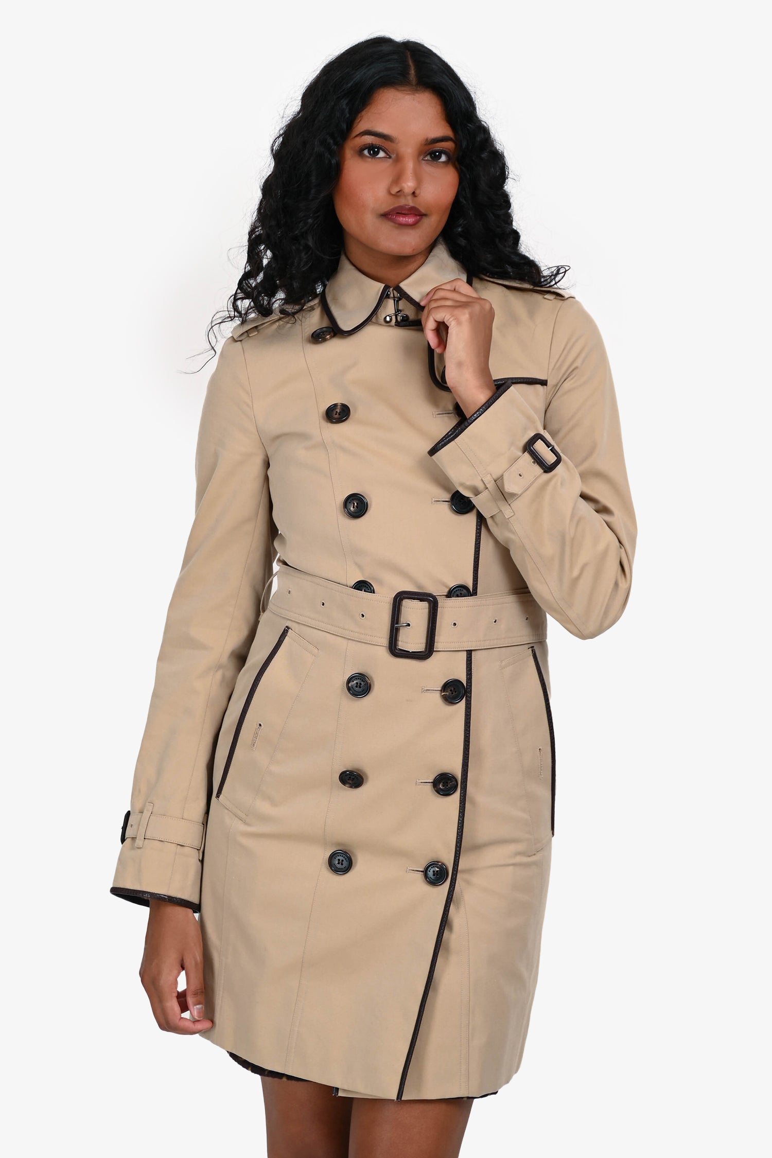 Burberry Tan Cotton Leather Trimmed Short Belted Trench Coat Size 2