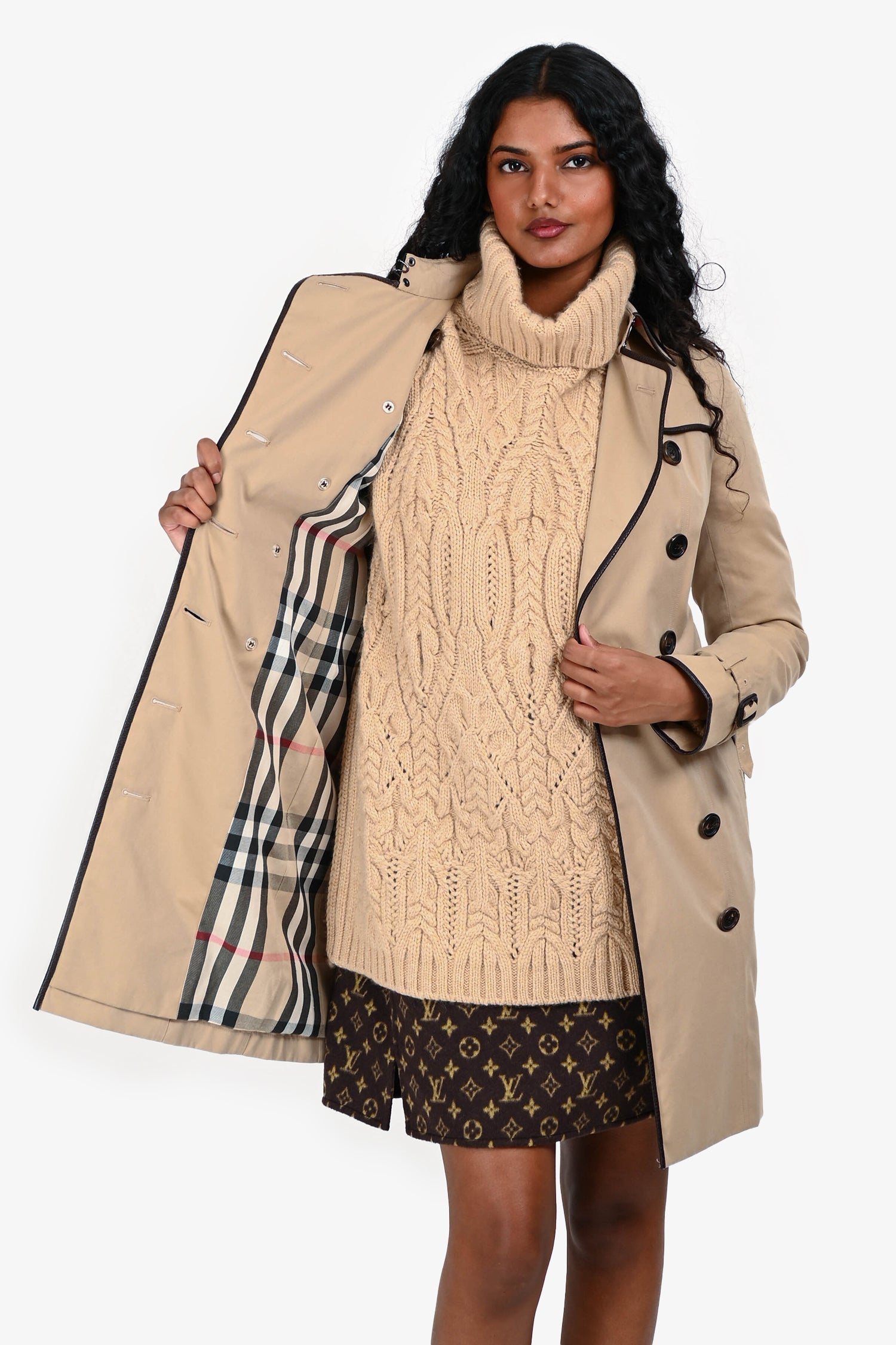 Burberry Tan Cotton Leather Trimmed Short Belted Trench Coat Size 2