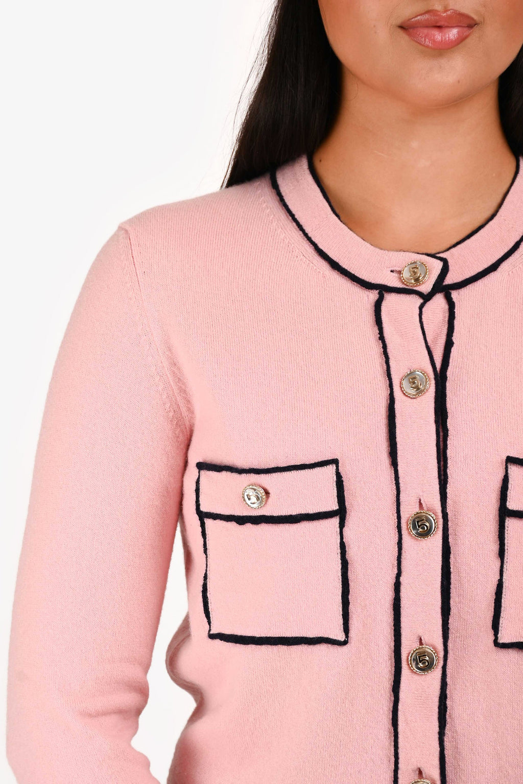 Pre-Loved Chanel™ 2021 Spring Runway Pink Cashmere 'Number 5' Button igan Size 38