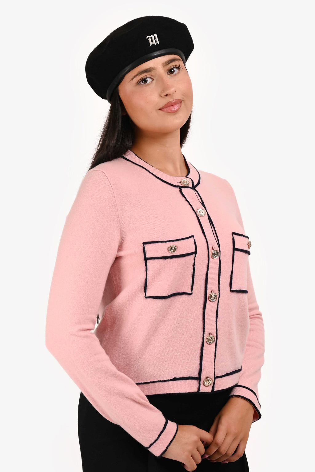 Pre-Loved Chanel™ 2021 Spring Runway Pink Cashmere 'Number 5' Button igan Size 38