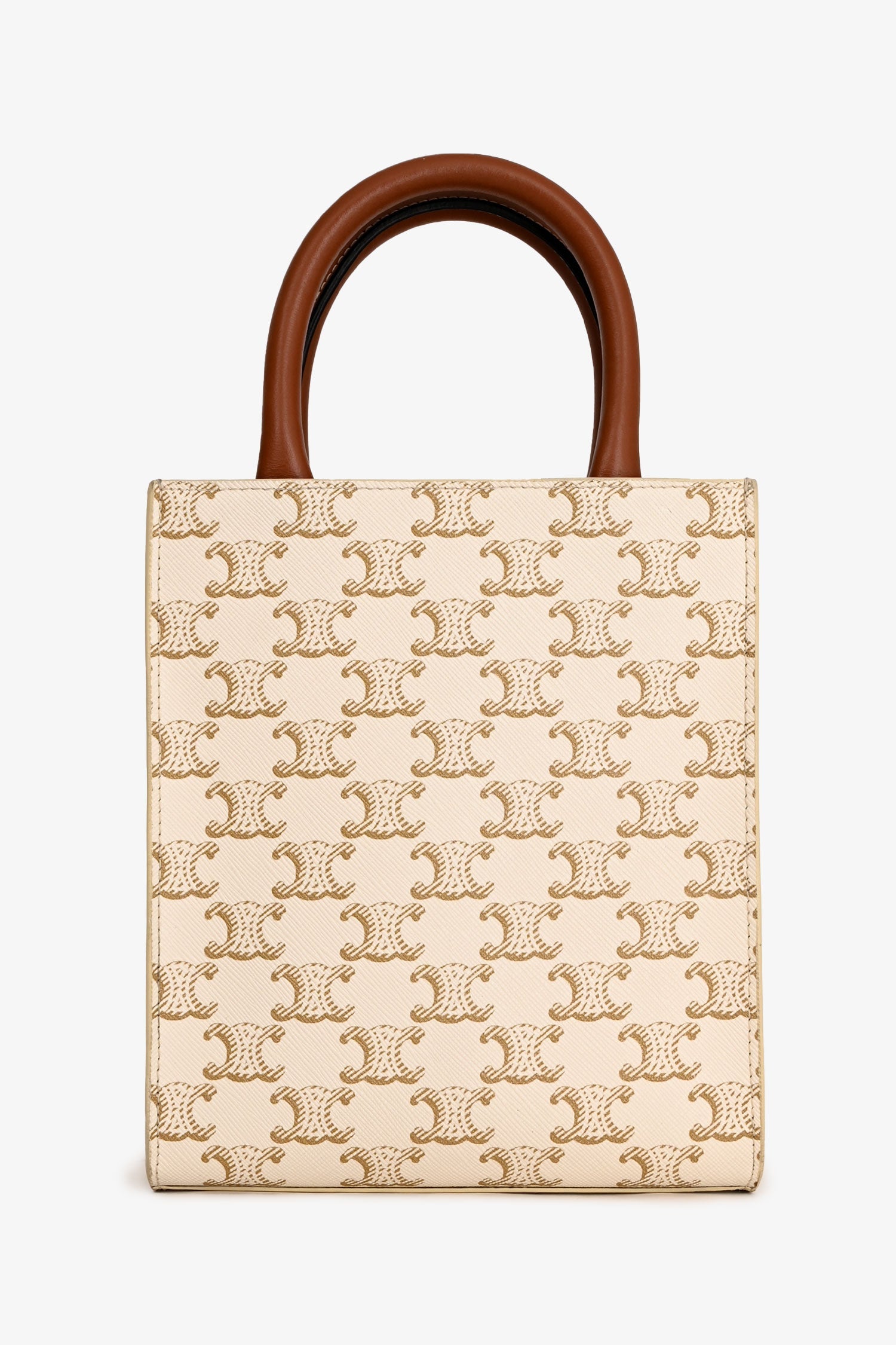 Celine White/Brown Leather/Canvas Mini Triomphe Cabas Vertical Tote with Strap