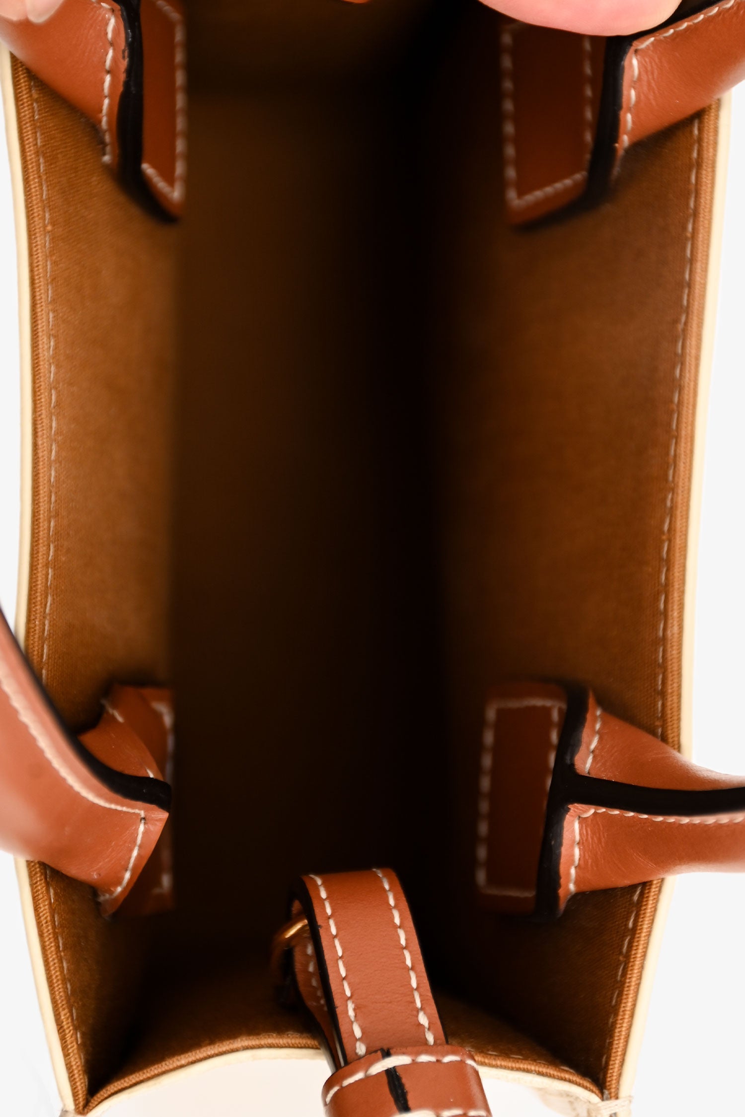 Celine White/Brown Leather/Canvas Mini Triomphe Cabas Vertical Tote with Strap