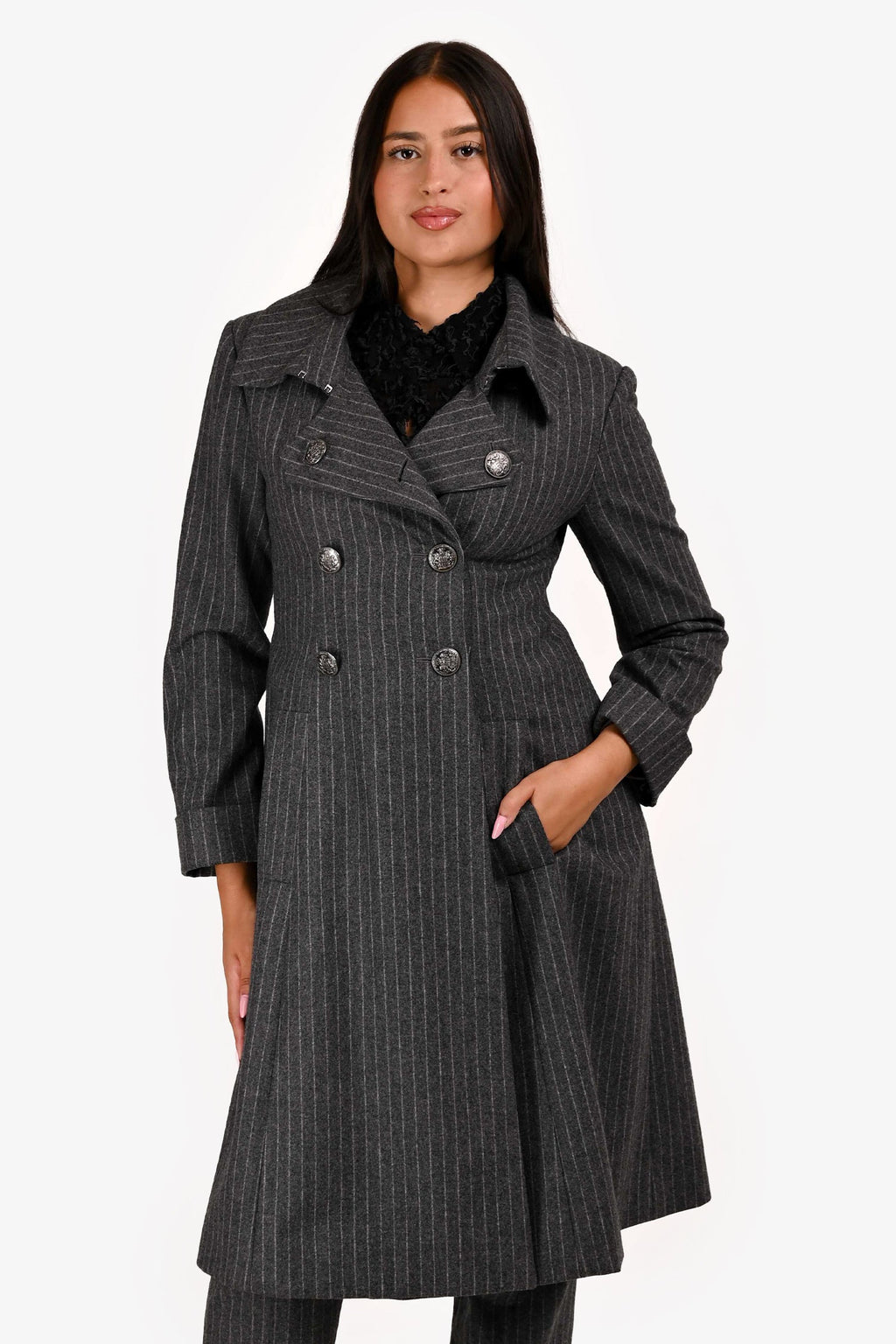 Pre-Loved Chanel™ 2018 Grey Wool Pinstripe Trench Coat Size 38