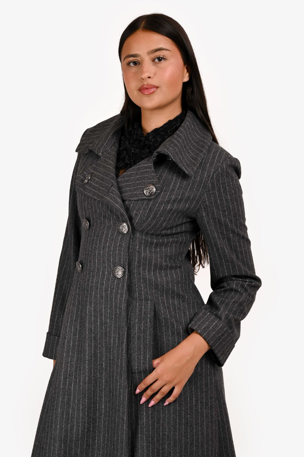 Pre-Loved Chanel™ 2018 Grey Wool Pinstripe Trench Coat Size 38