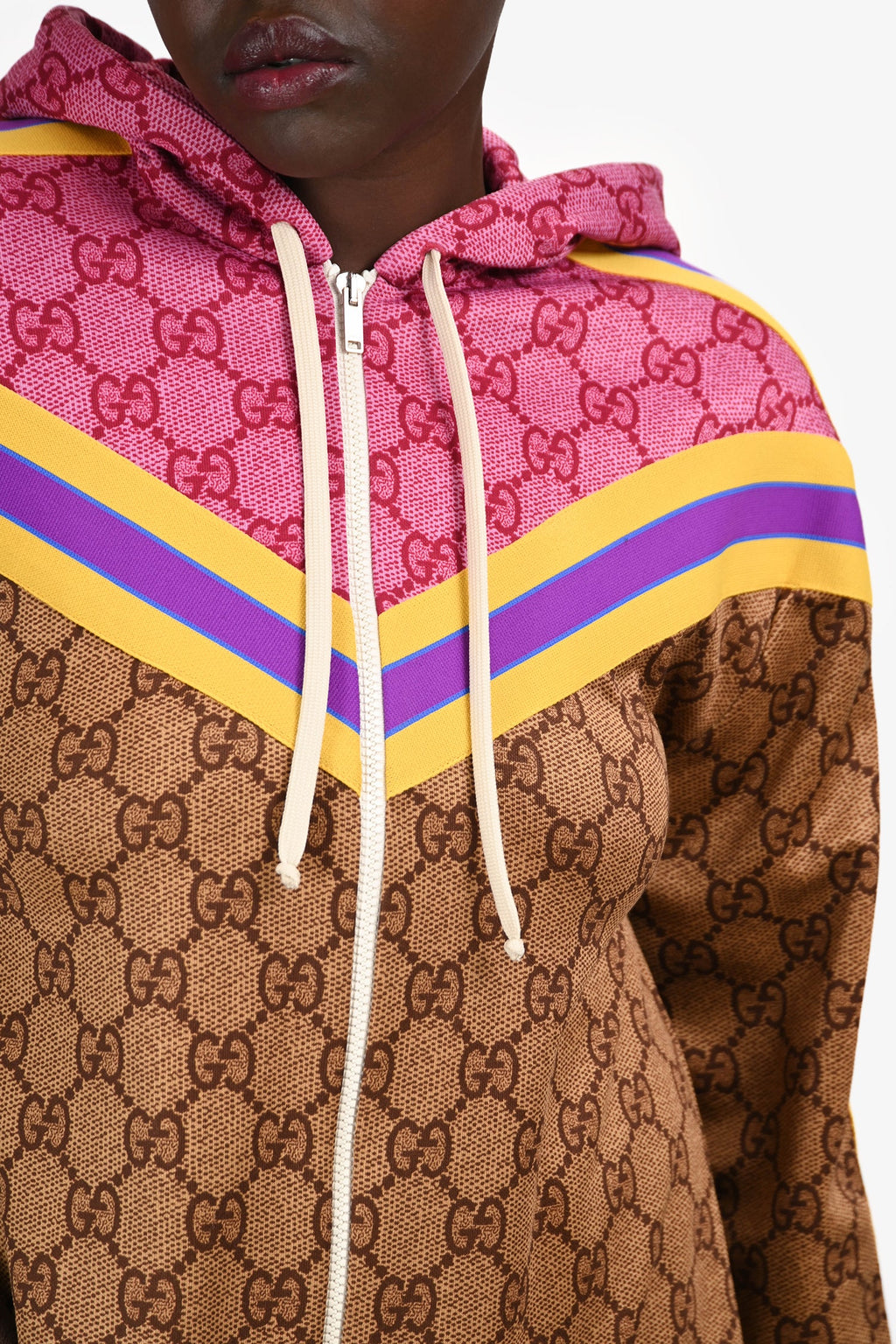 Gucci Brown Technical Jersey GG Logo Hooded Jacket Dress Size S
