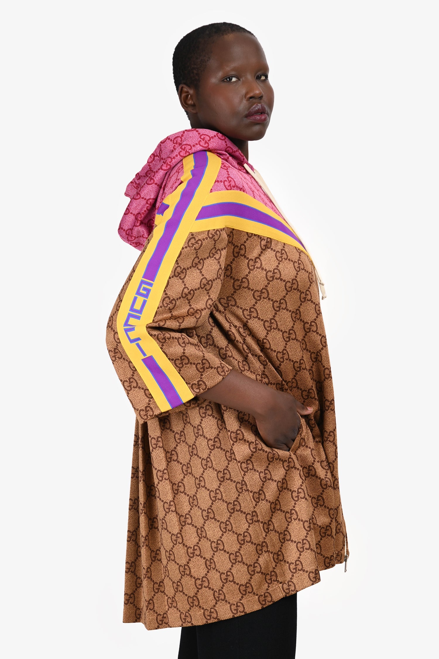 Gucci Brown Technical Jersey GG Logo Hooded Jacket Dress Size S