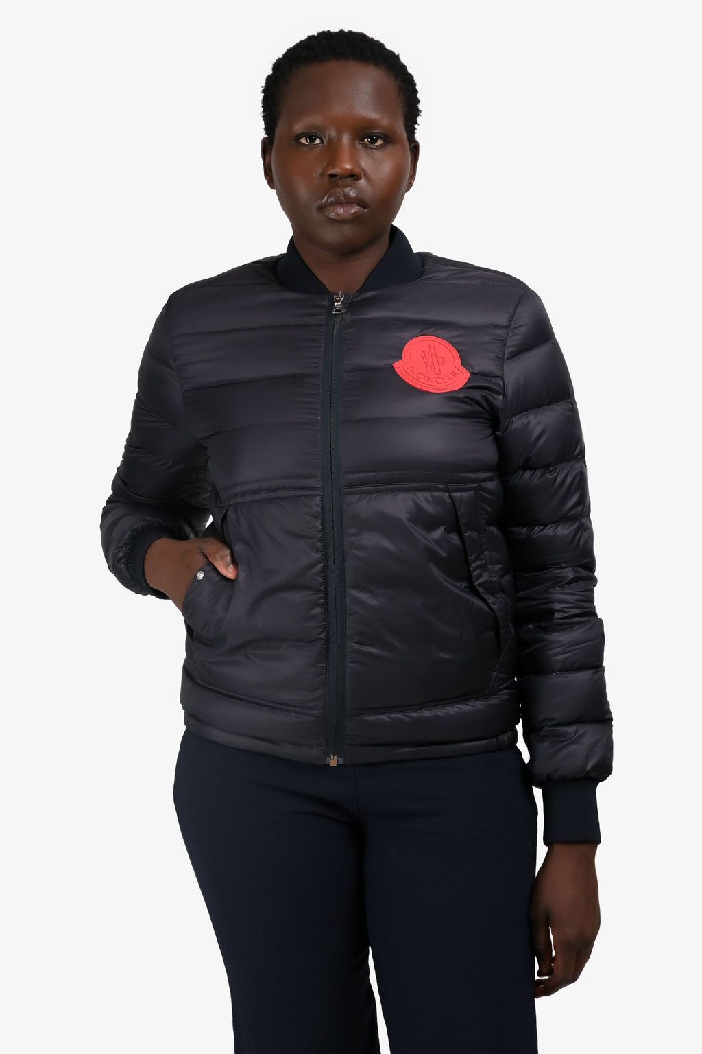 Moncler Navy/Red Logo Patch Thin Down Jacket Size 4