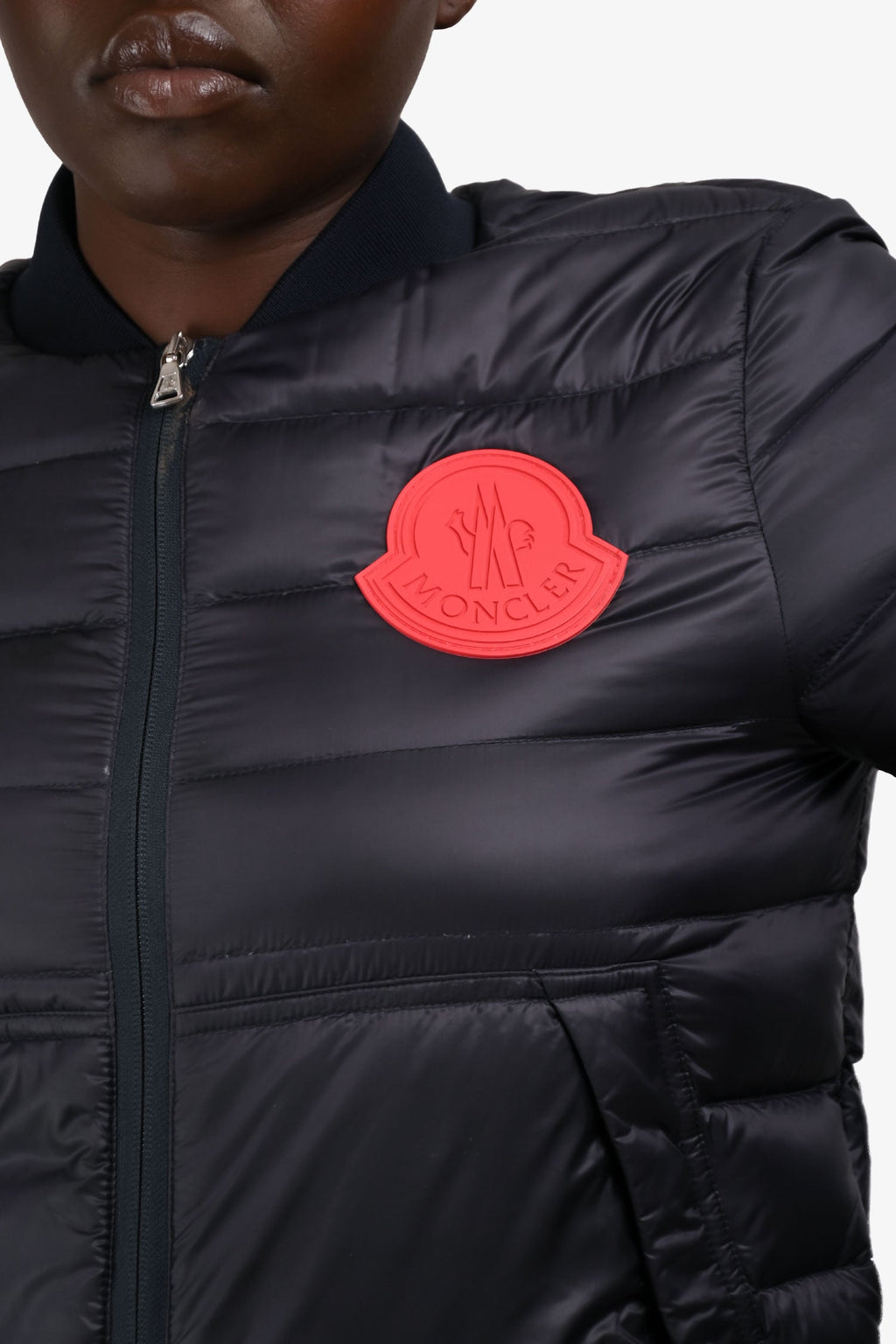 Moncler Navy/Red Logo Patch Thin Down Jacket Size 4