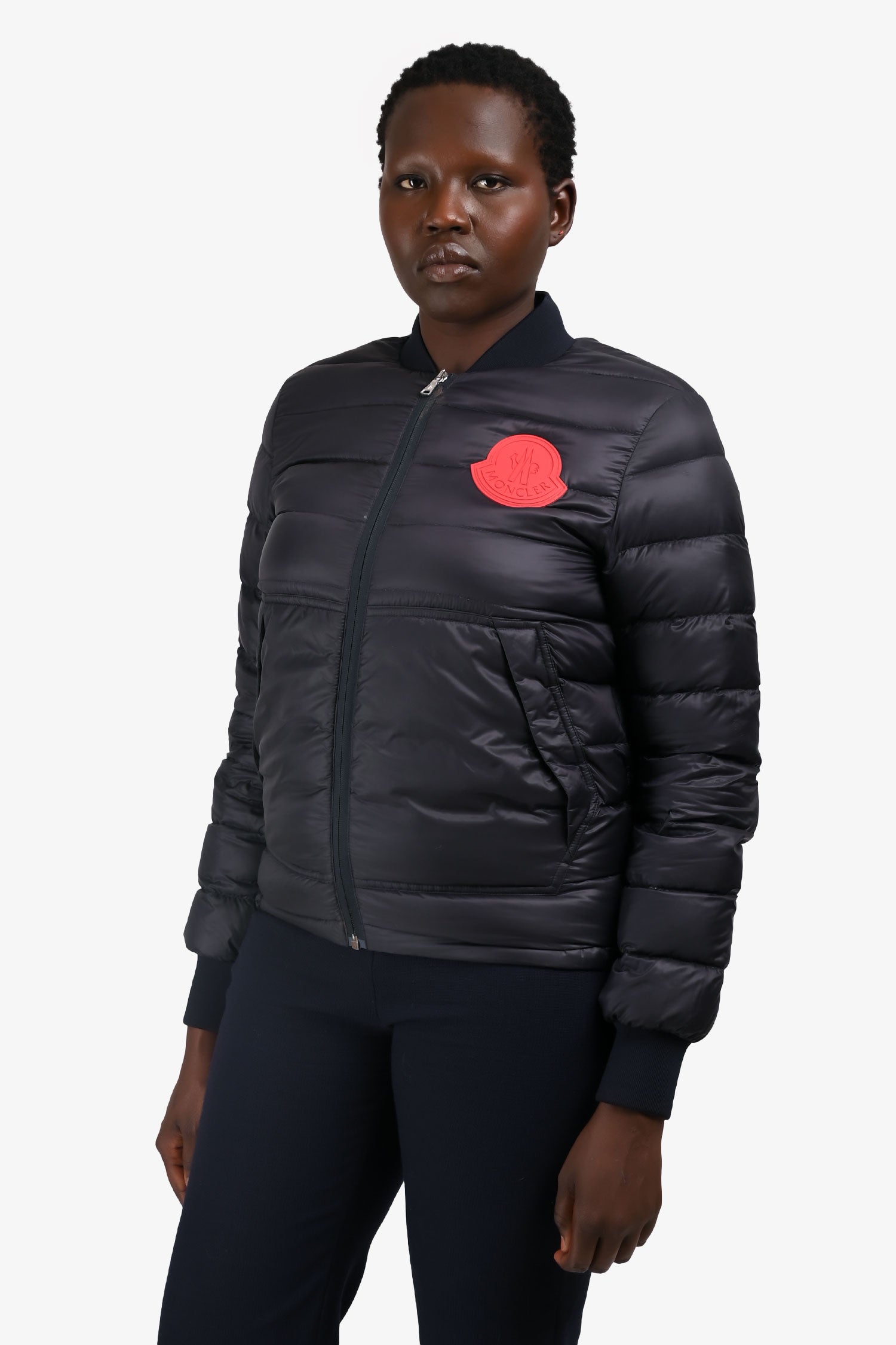 Moncler Navy/Red Logo Patch Thin Down Jacket Size 4