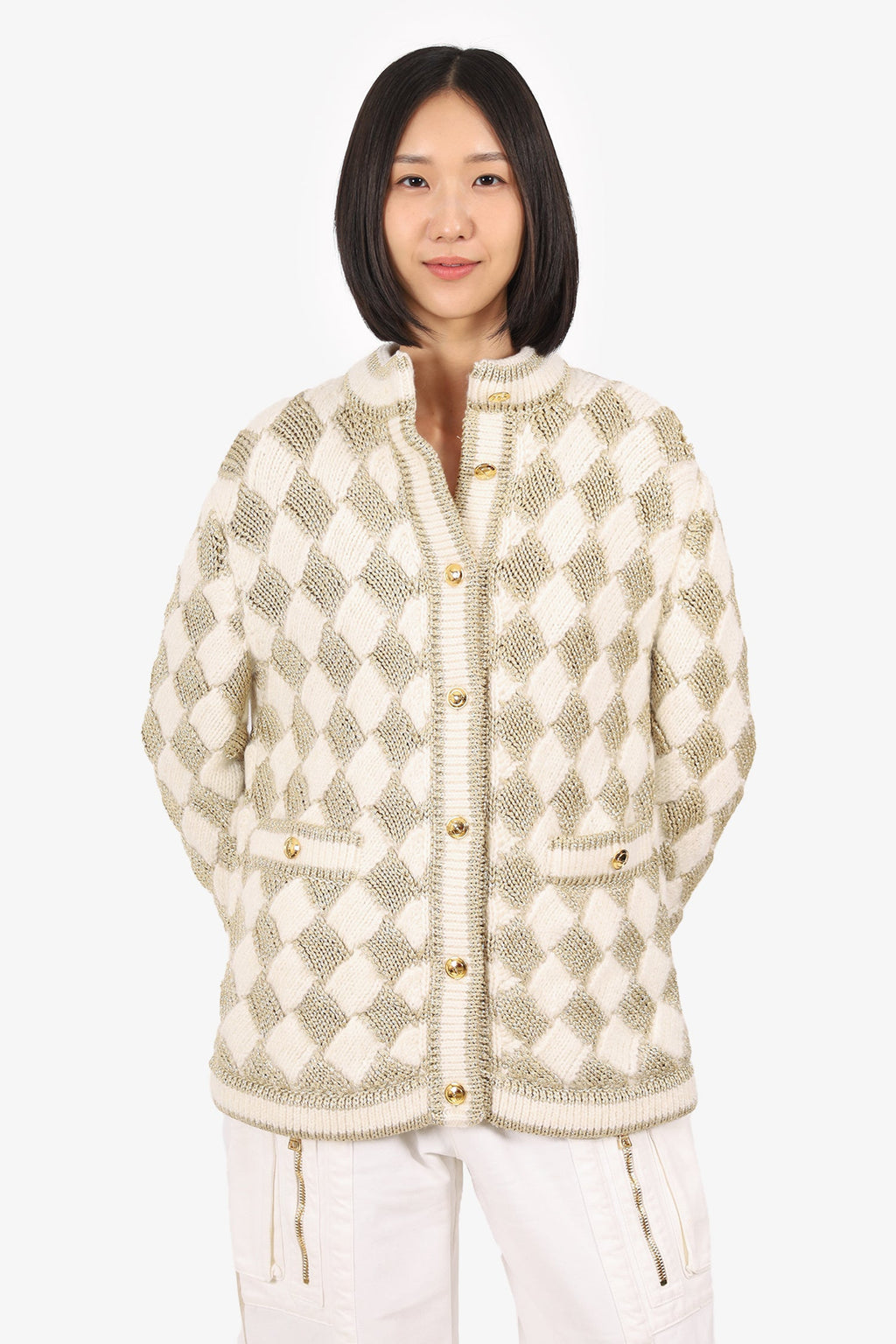 Gucci White/Gold Check Knitted igan Size XS