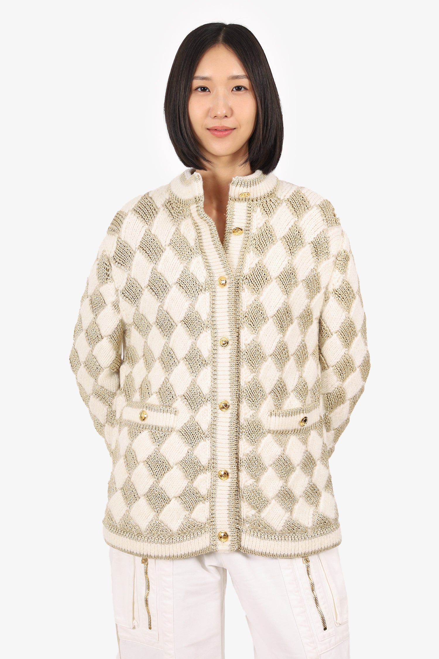 Gucci White/Gold Check Knitted igan Size XS