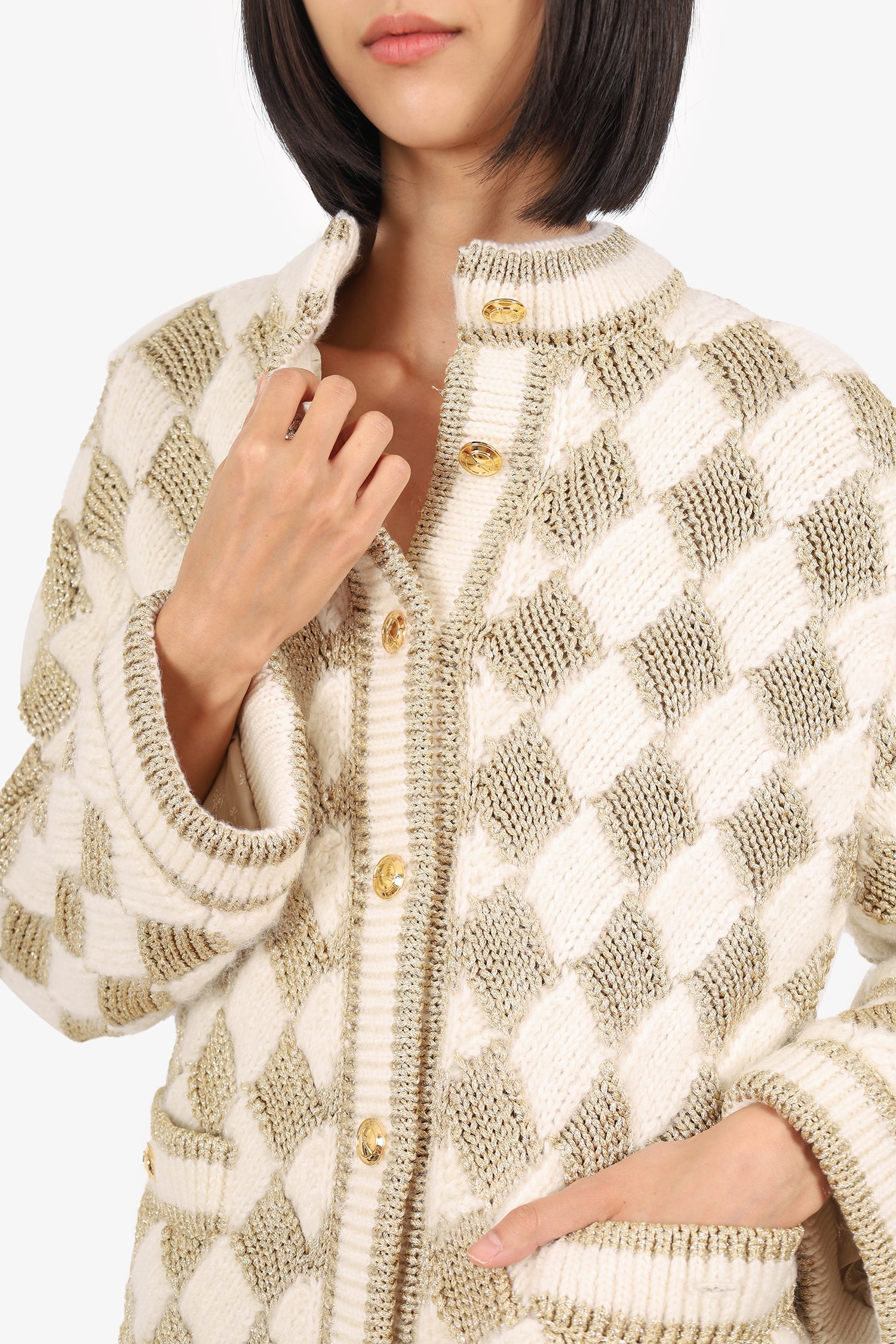Gucci White/Gold Check Knitted igan Size XS