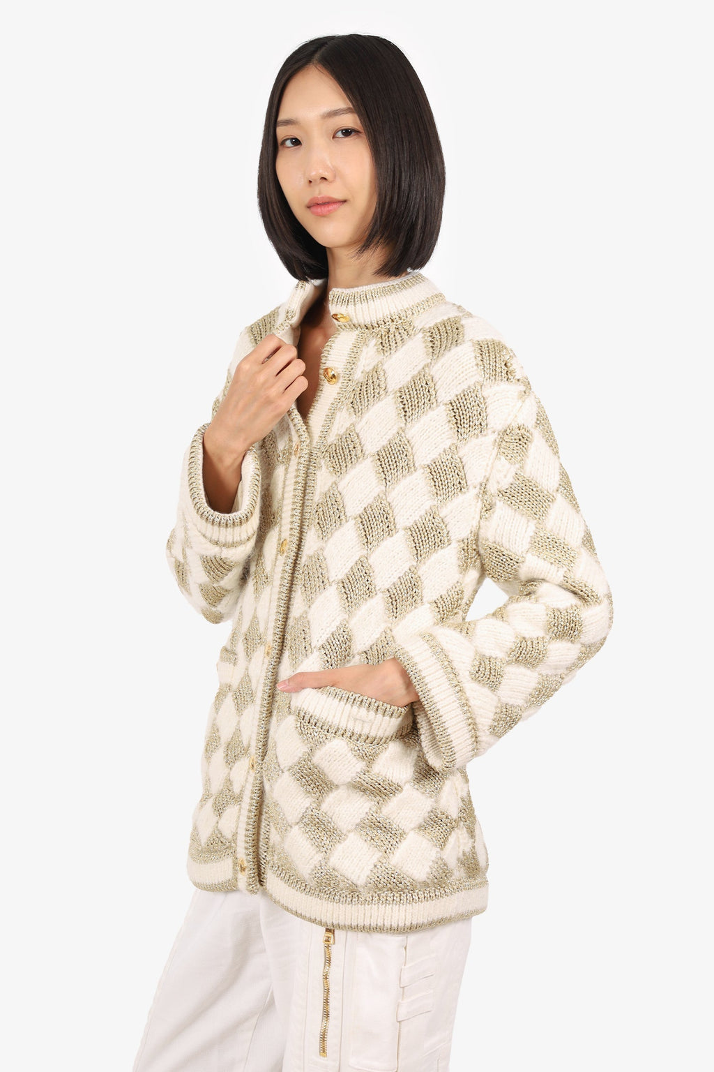 Gucci White/Gold Check Knitted igan Size XS
