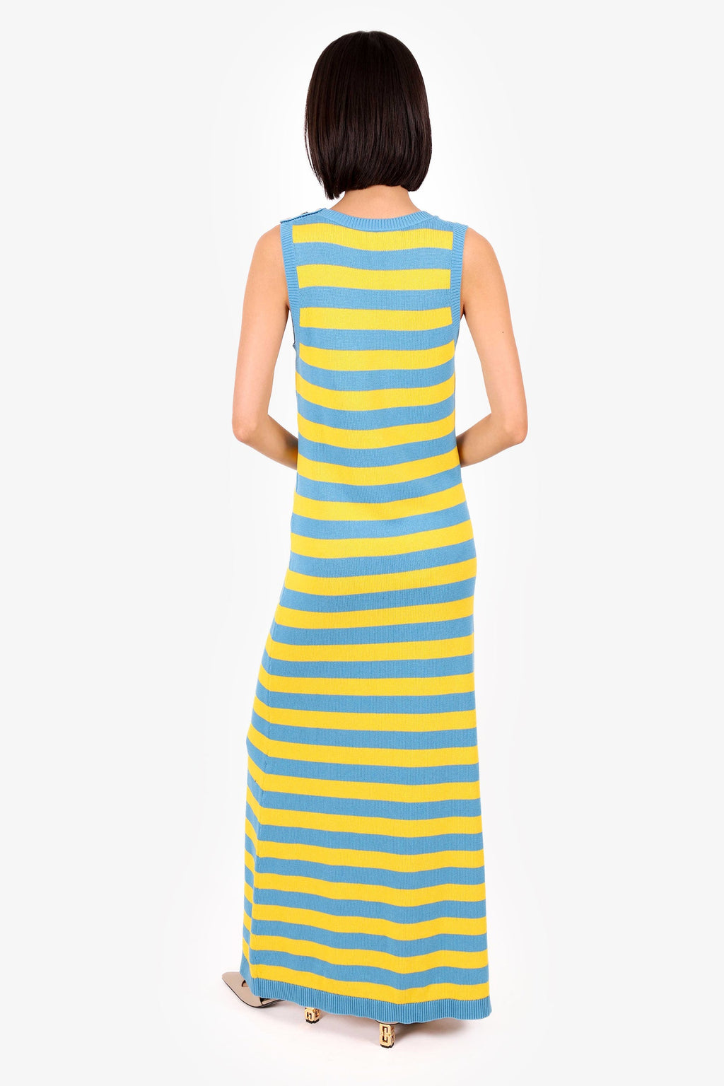 Gucci Blue/Yellow Striped Dog Patch Sleeveless Maxi Dress Size M