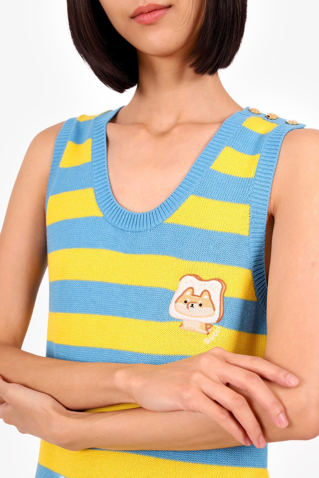 Gucci Blue/Yellow Striped Dog Patch Sleeveless Maxi Dress Size M