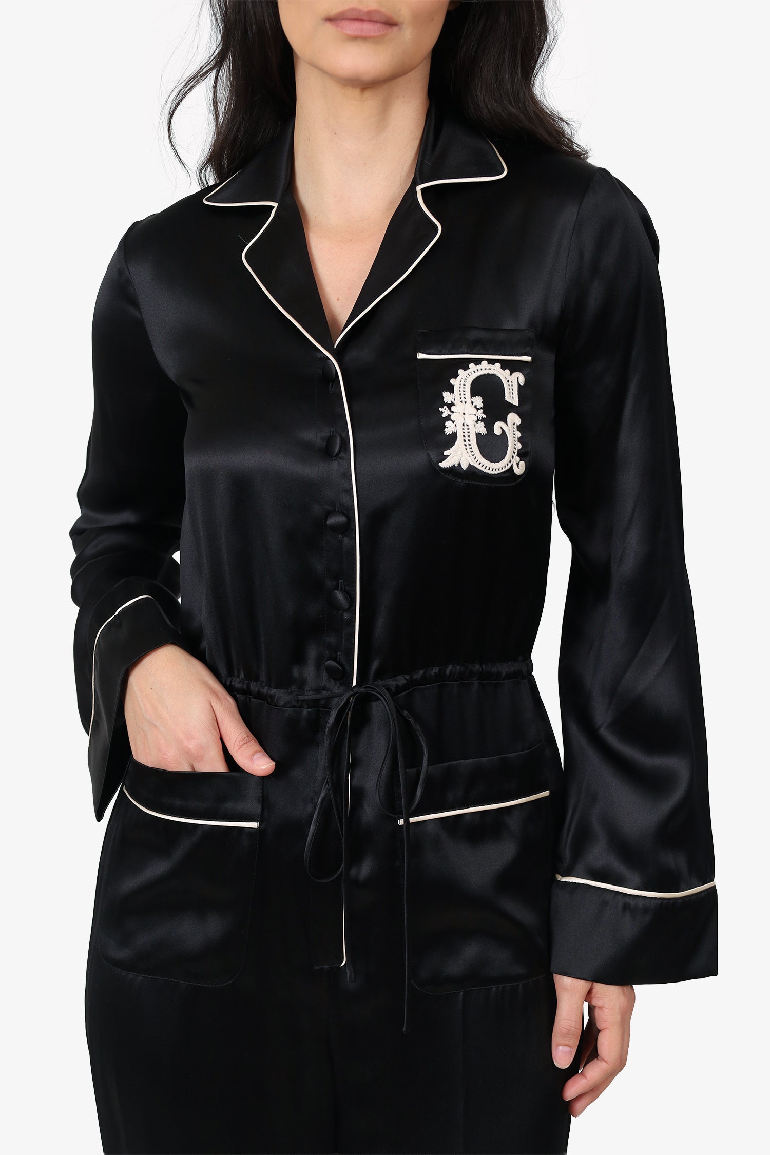 Gucci Black Silk Embroidered Logo Jumpsuit Size 38