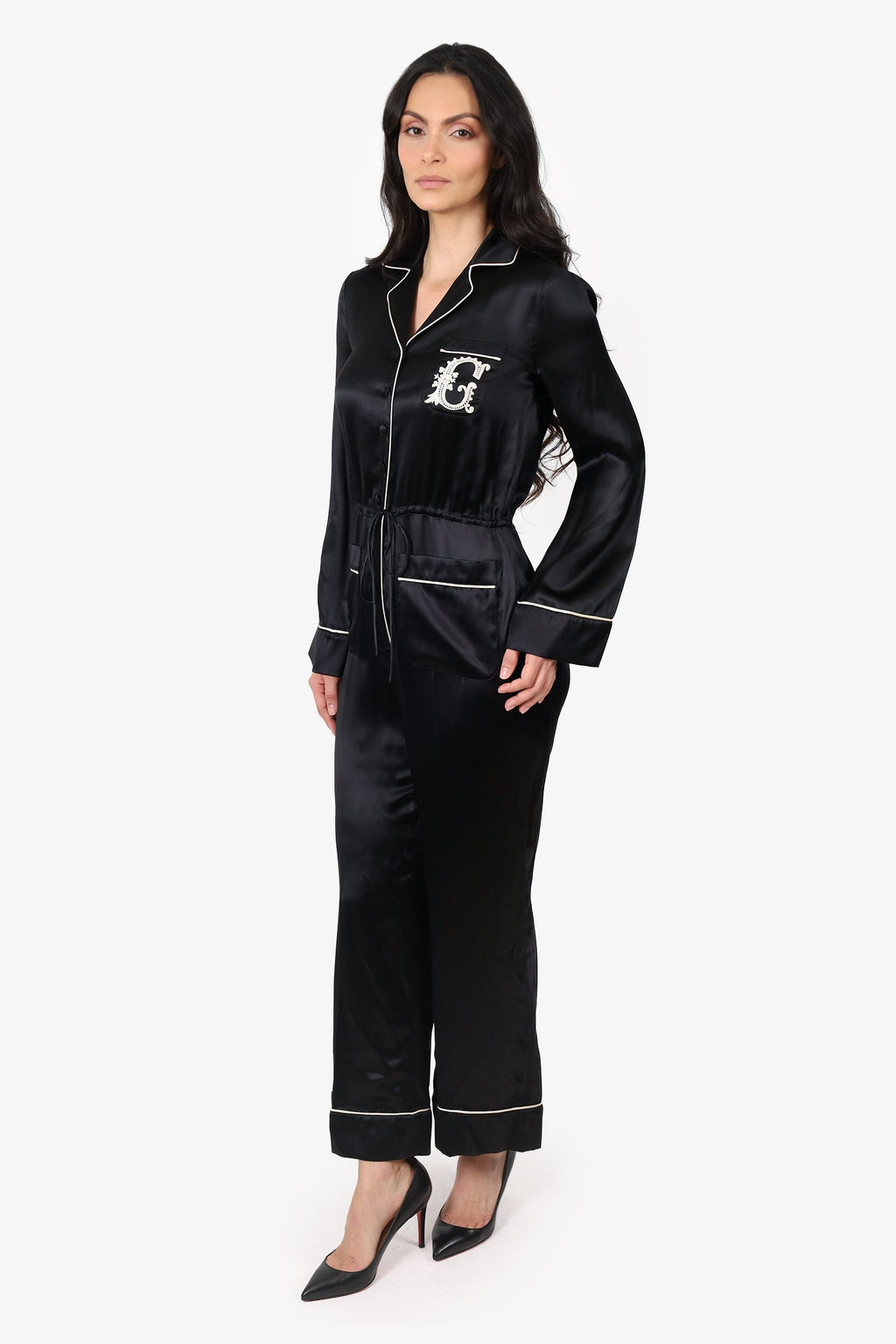 Gucci Black Silk Embroidered Logo Jumpsuit Size 38