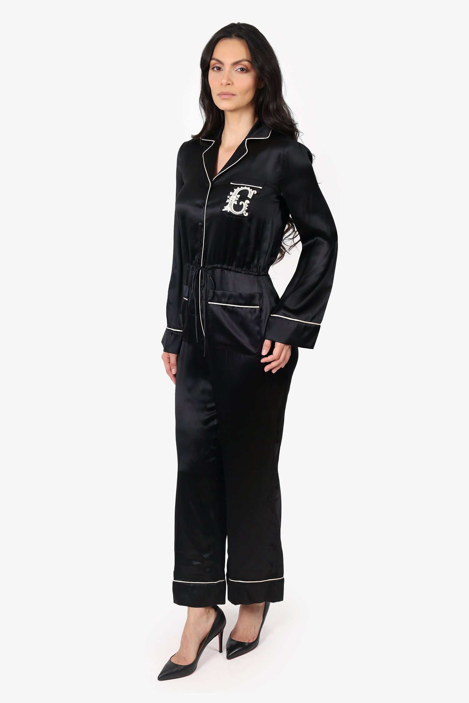 Gucci Black Silk Embroidered Logo Jumpsuit Size 38