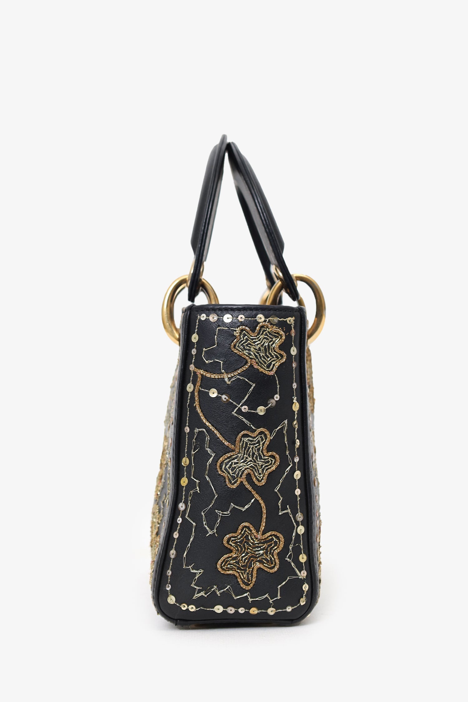 Christian Dior 2018 Black Leather Gold 'Clovers' Embroidered Mini Lady Dior