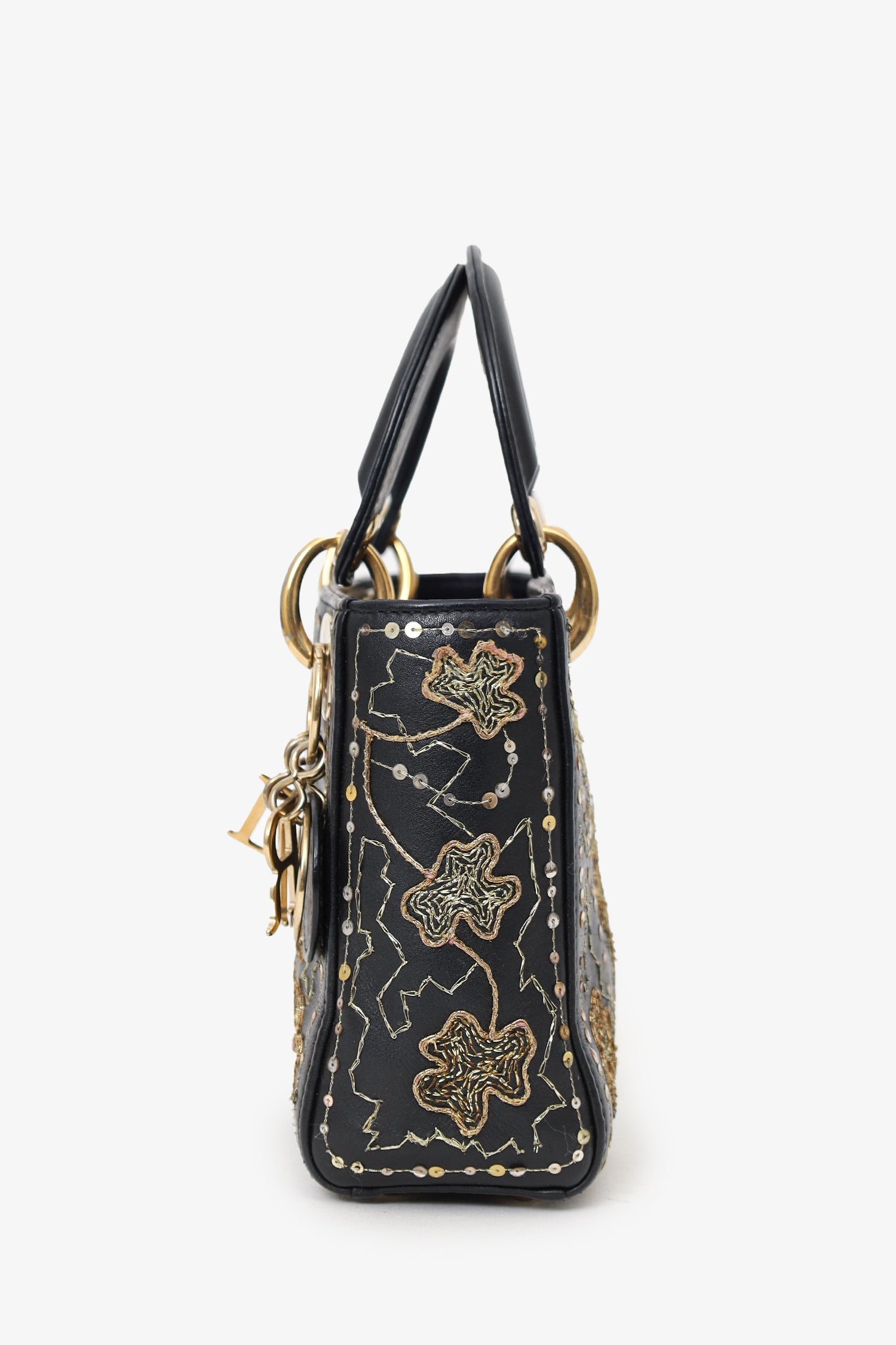 Christian Dior 2018 Black Leather Gold 'Clovers' Embroidered Mini Lady Dior