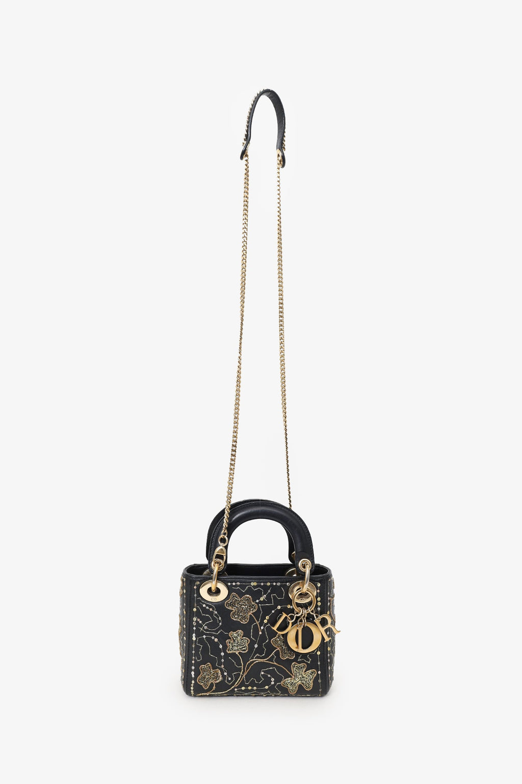 Christian Dior 2018 Black Leather Gold 'Clovers' Embroidered Mini Lady Dior