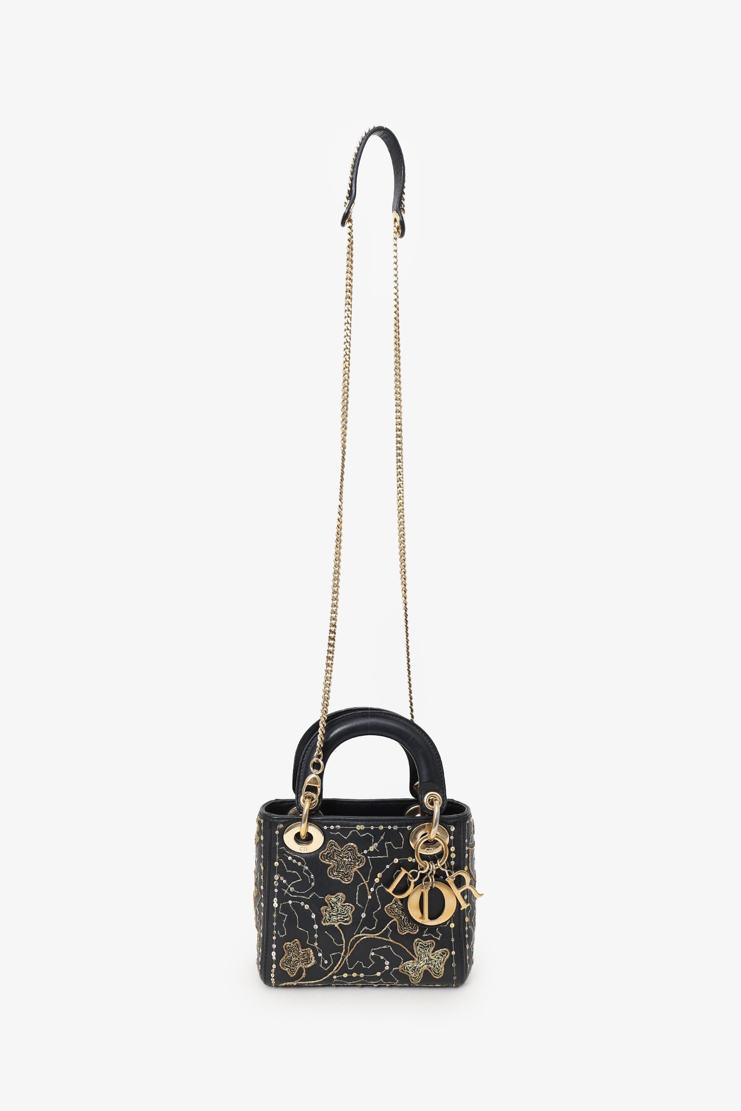 Christian Dior 2018 Black Leather Gold 'Clovers' Embroidered Mini Lady Dior