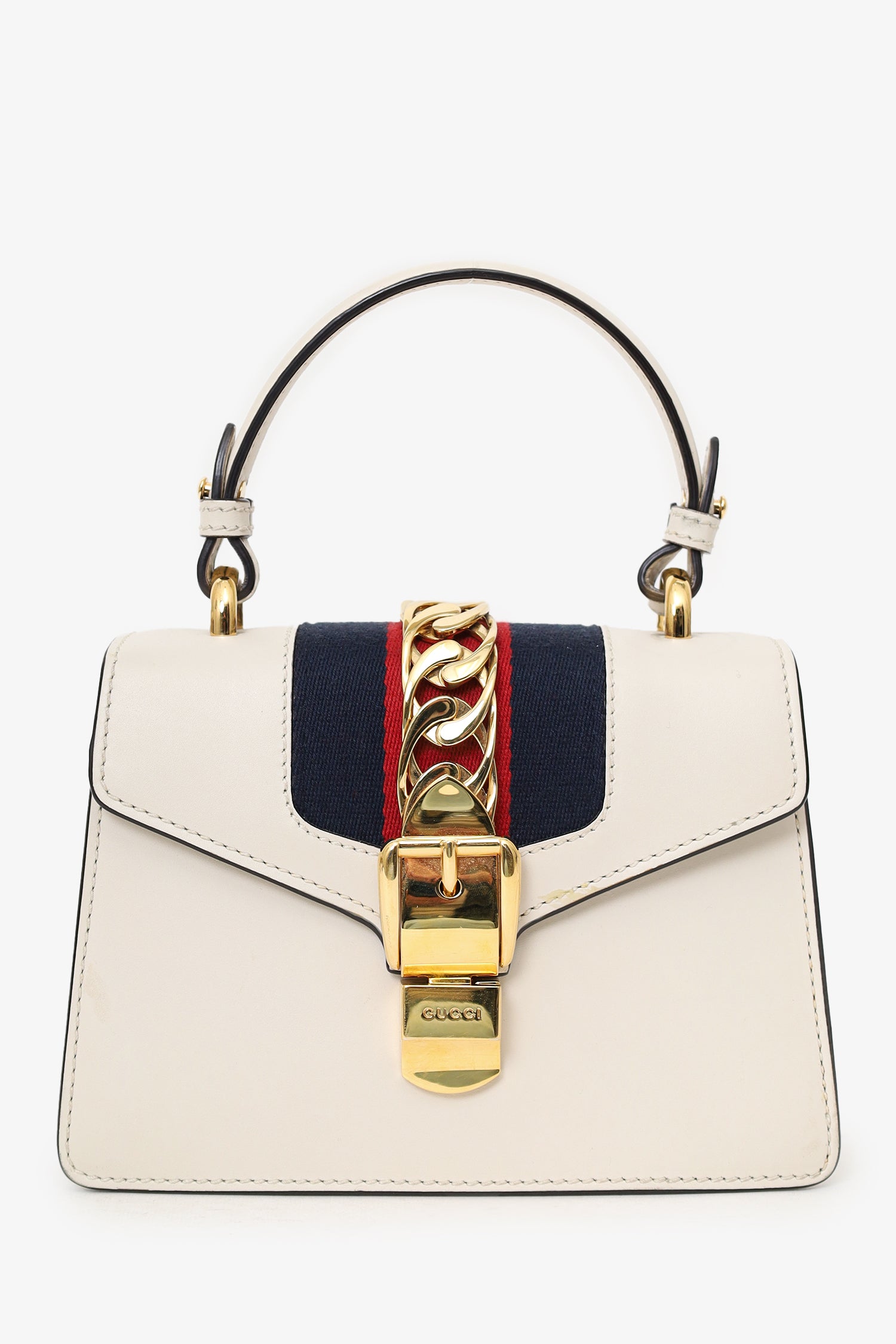 Gucci White Leather Small Web Detail Sylvie Bag with Straps