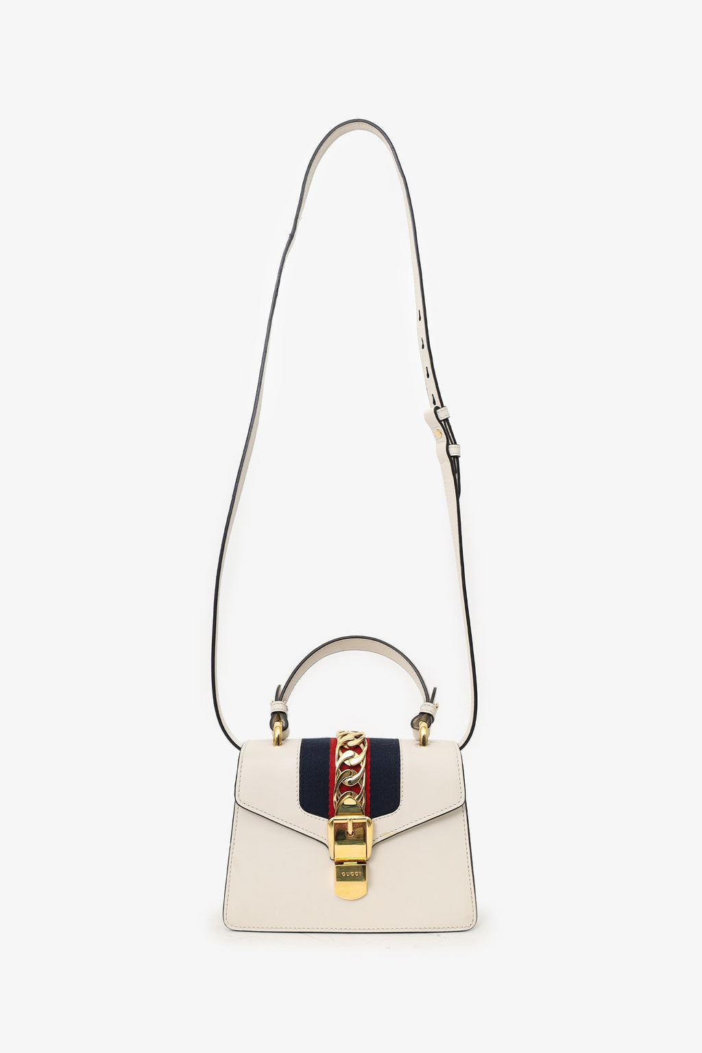Gucci White Leather Small Web Detail Sylvie Bag with Straps