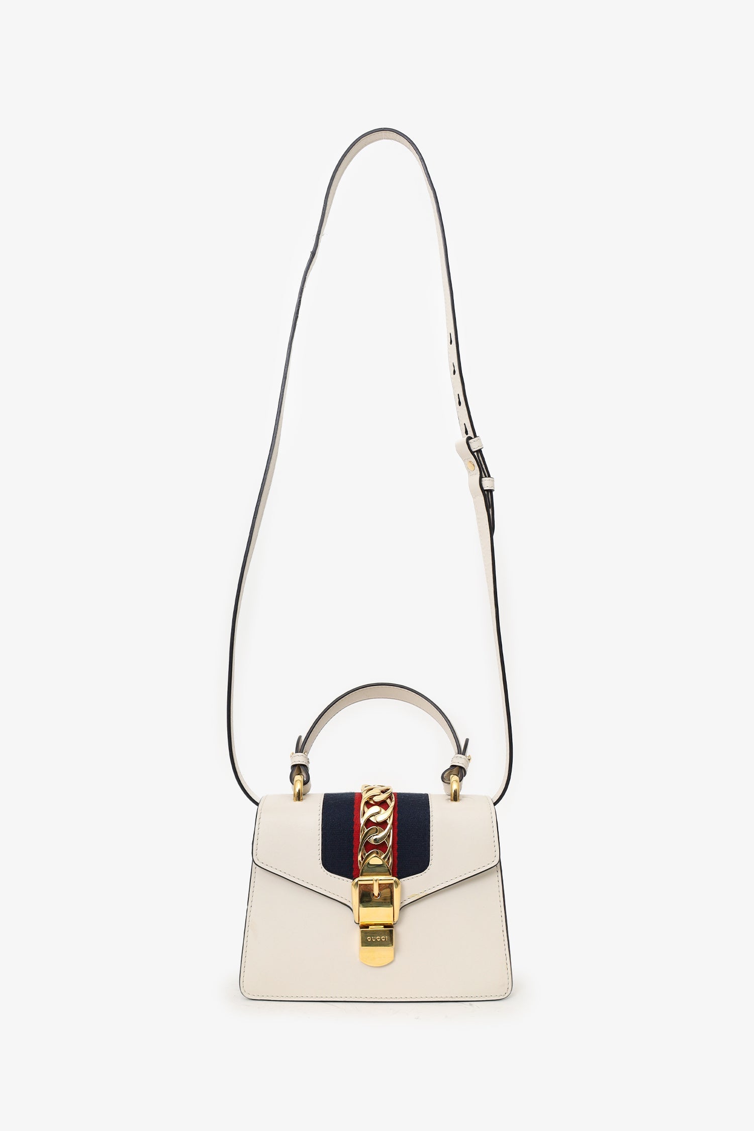 Gucci White Leather Small Web Detail Sylvie Bag with Straps