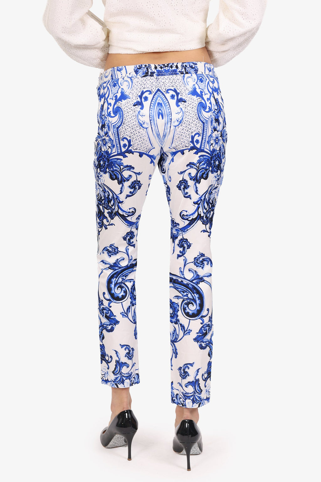 Roberto Cavalli Blue/White Cotton Floral Capri Pants Size 40