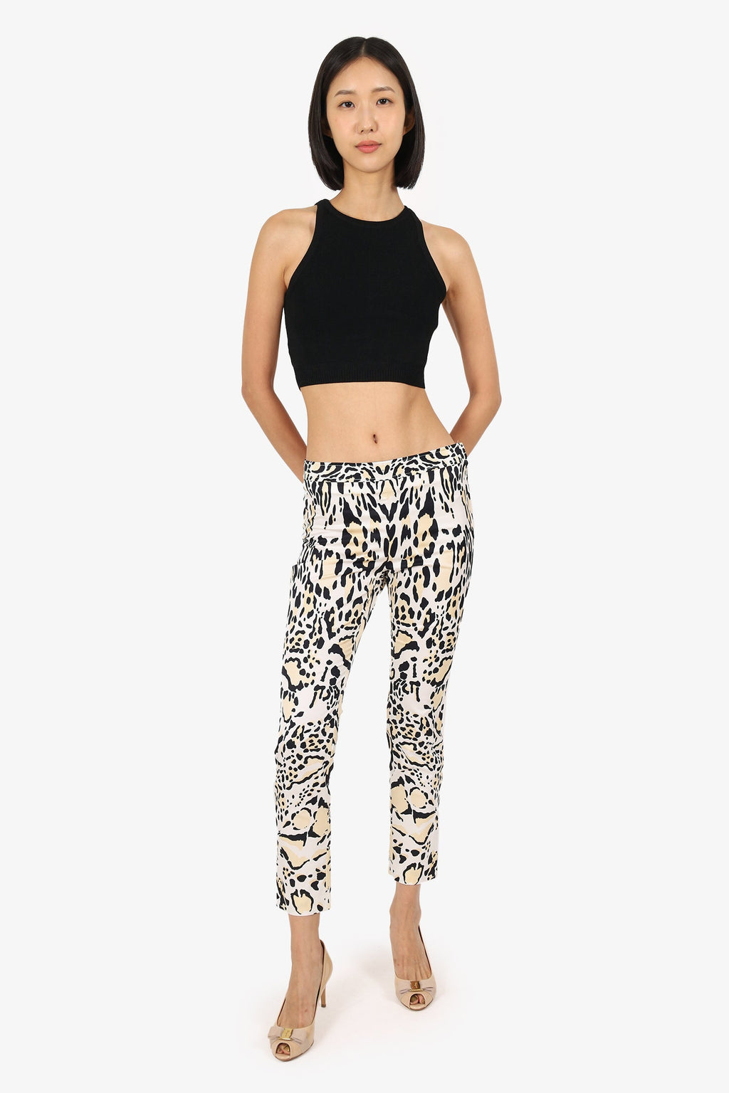 Roberto Cavalli White Cotton Leopard Print Capri Pants Size 42