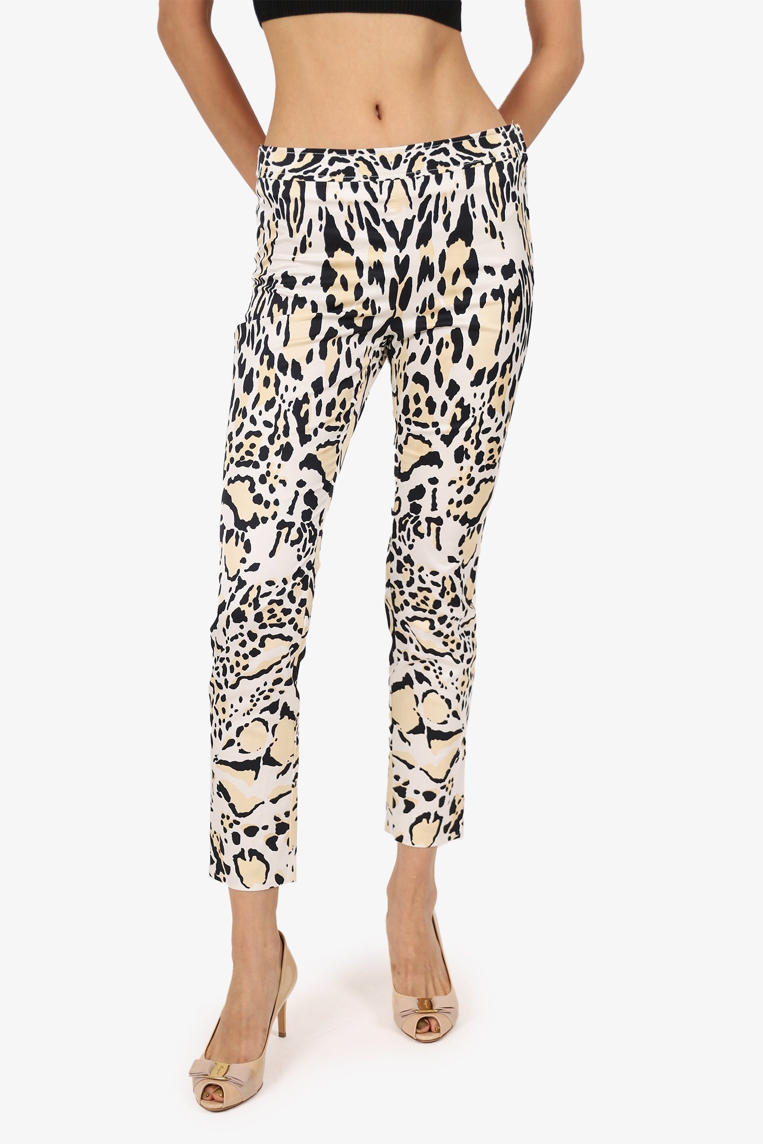 Roberto Cavalli White Cotton Leopard Print Capri Pants Size 42