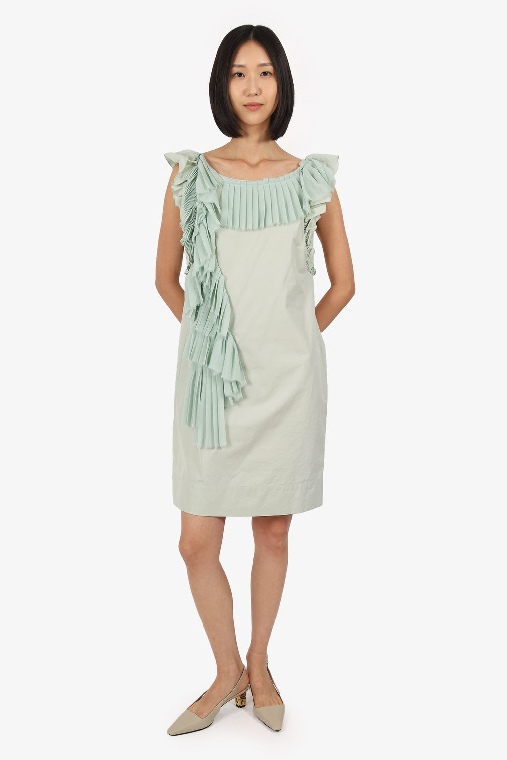 Alberta Ferretti Green Cotton Sleeveless Ruffle Dress Size 42