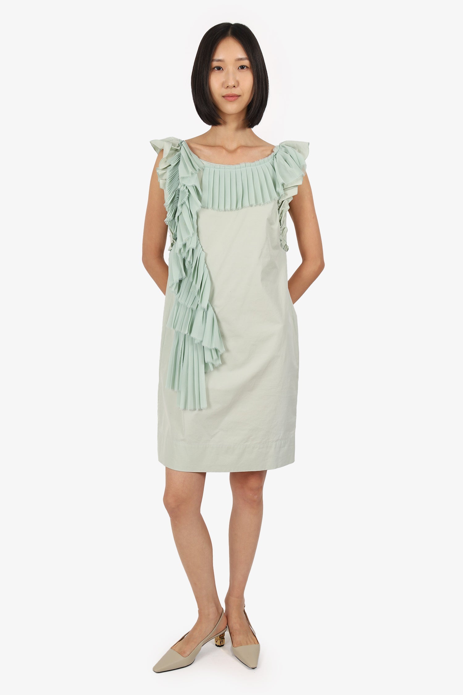Alberta Ferretti Green Cotton Sleeveless Ruffle Dress Size 42