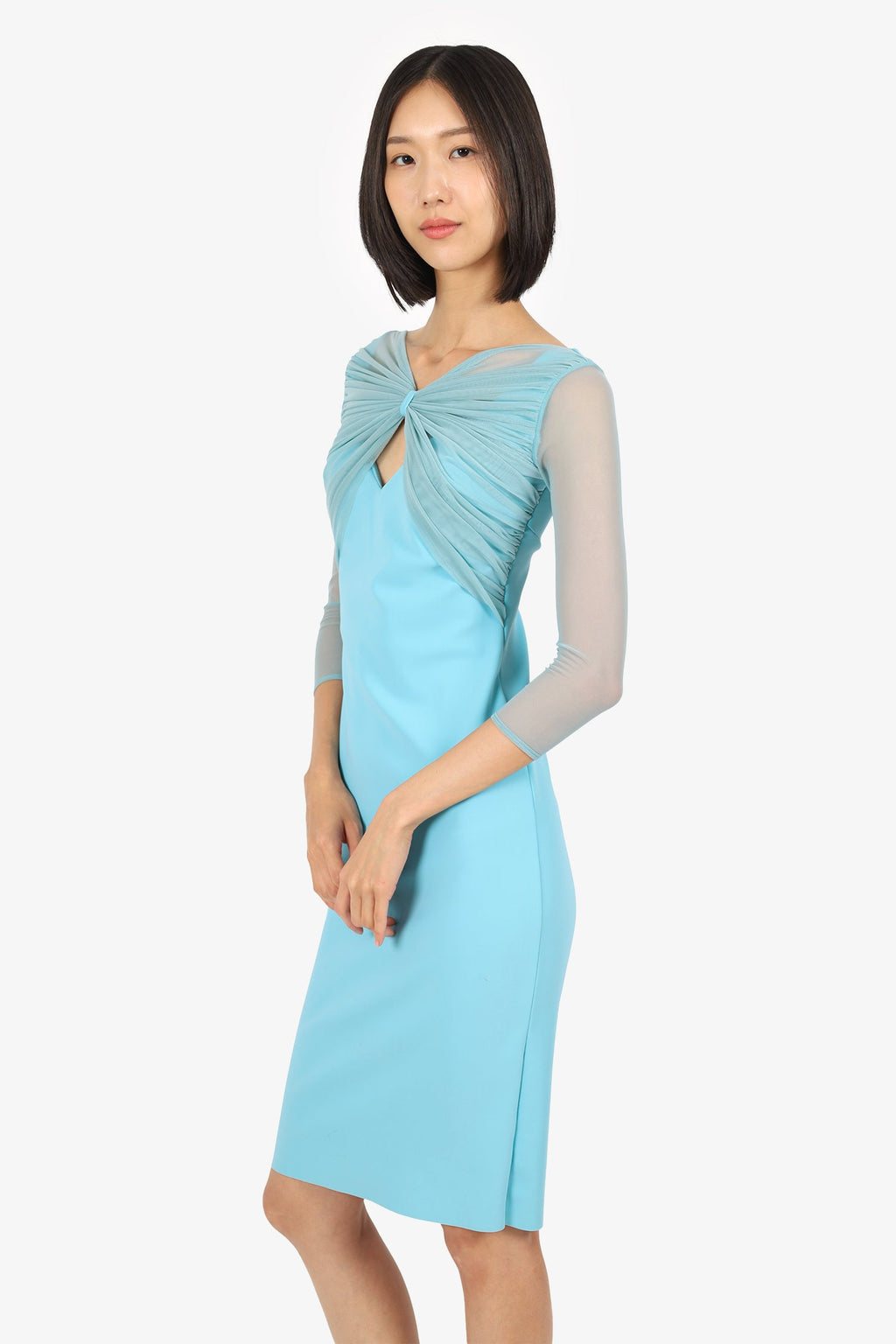 Chiara Boni La Petite Robe Blue Bow Mesh Sleeve Midi Dress Size 40