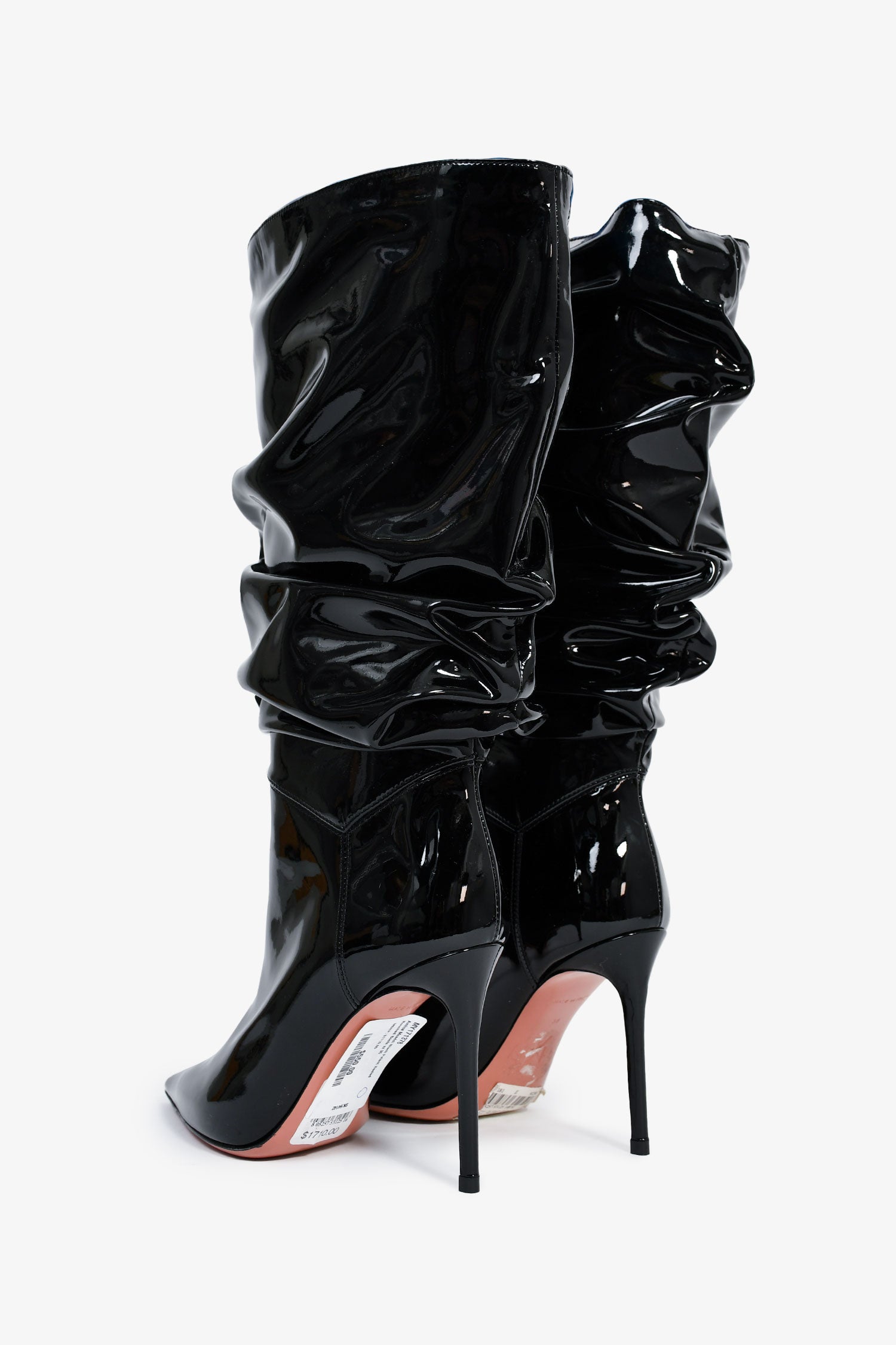 Amina Muaddi Black Patent Heeled Ruched Boots Size 35