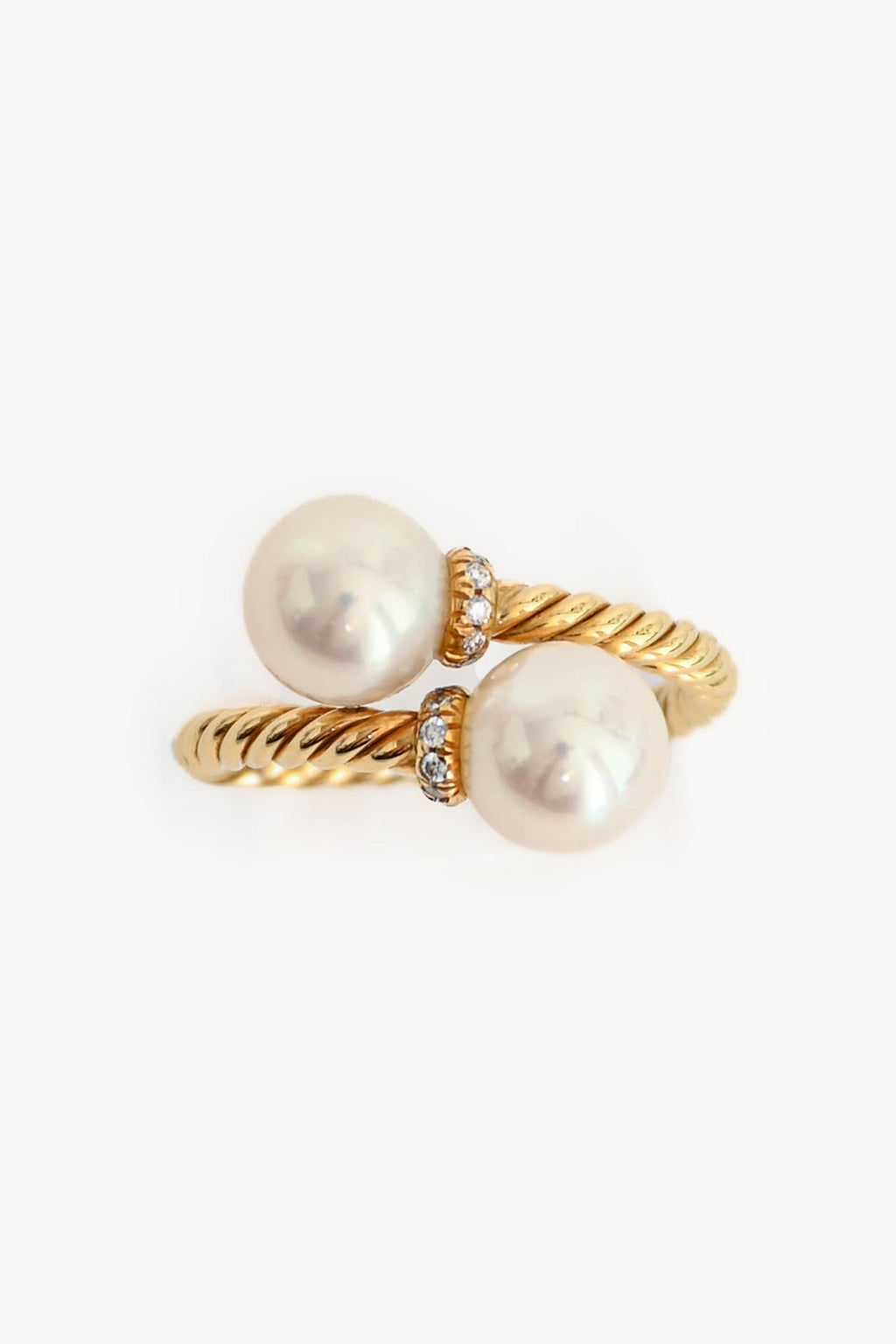 David Yurman 18K Yellow Gold Pearl Diamond Set Toi Et Moi Ring Size 6.5