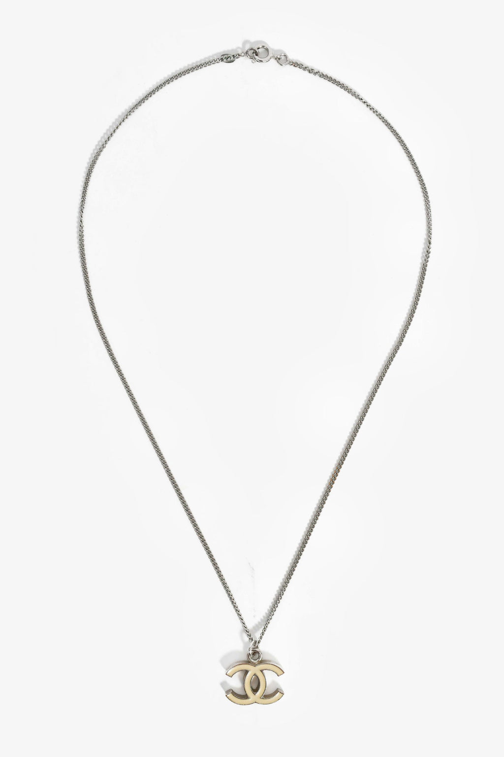 Pre-Loved Chanel™ Silver Toned Cream CC Pendant Necklace
