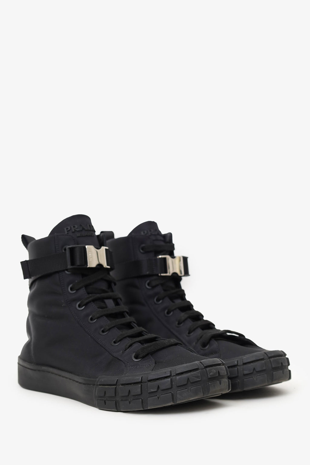Prada Black Nylon Buckle Detail High Top Sneakers Size 10 Mens