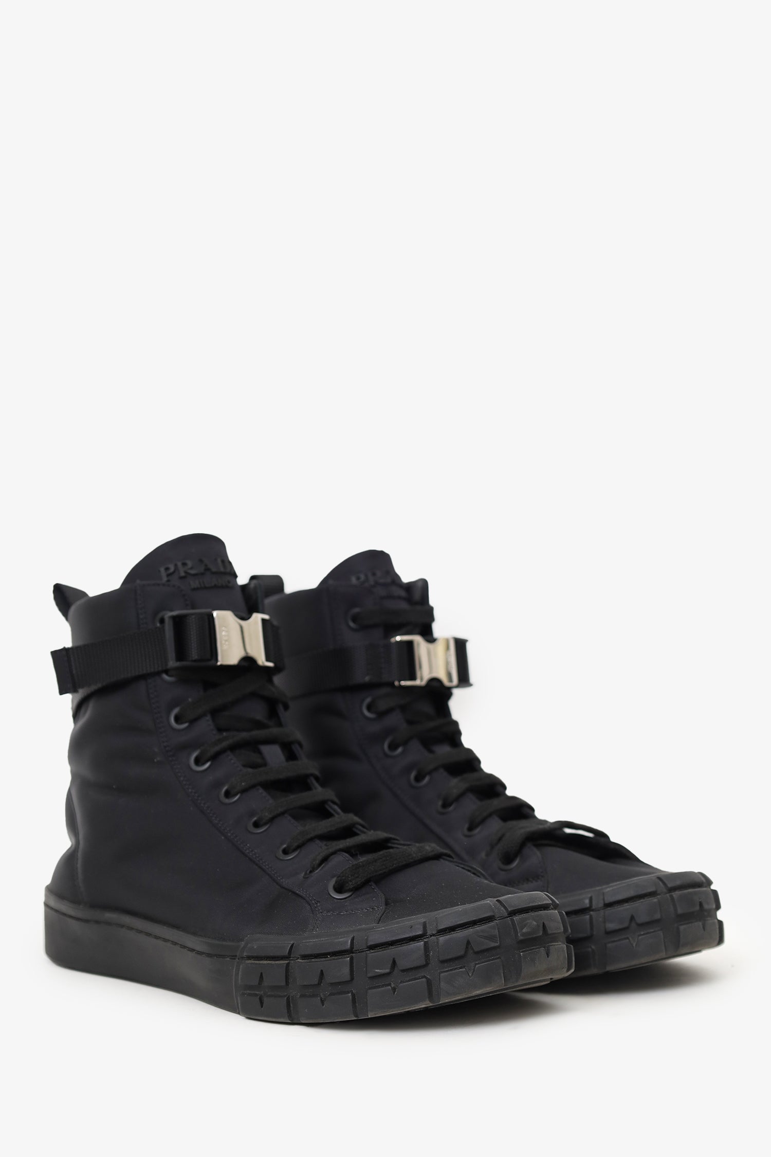 Prada Black Nylon Buckle Detail High Top Sneakers Size 10 Mens